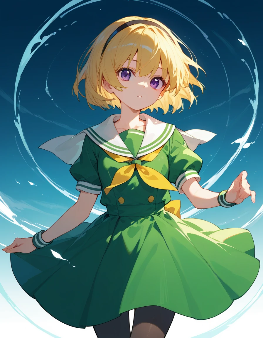 houjou_Satoko, 1girl, Alone, pantyhose, blonde hair, hair band, dress, short hair, short sleeves, black hair band, green dress, sailor collar, black pantyhose,  purple eyes, white sailor collar, puffy sleeves, yellow neckerchief, sailor dress, puffy short sleeves, bangs, neckerchief, small breasts, 