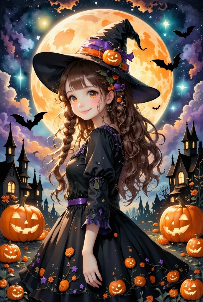 (masterpiece, best quality:1.2), cute girl wearing a Halloween witch costume,,Dynamic Pose,smiling,a person with braids, Alone, Anatomically Correct , perfect anatomy,Beautiful as a dream,Halloween Background,Night Sky