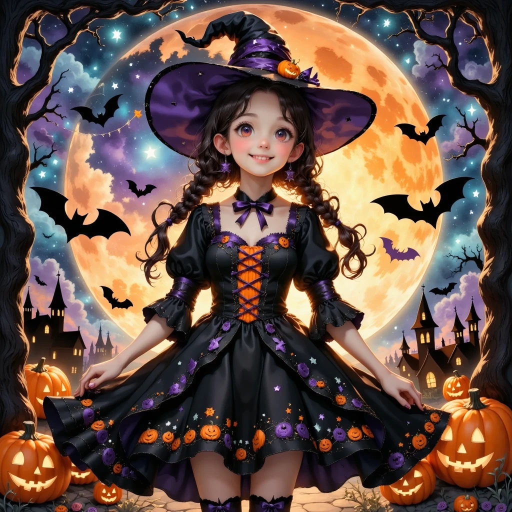 (masterpiece, best quality:1.2), cute girl wearing a Halloween witch costume,,Dynamic Pose,smiling,a person with braids, Alone, Anatomically Correct , perfect anatomy,Beautiful as a dream,Halloween Background,Night Sky