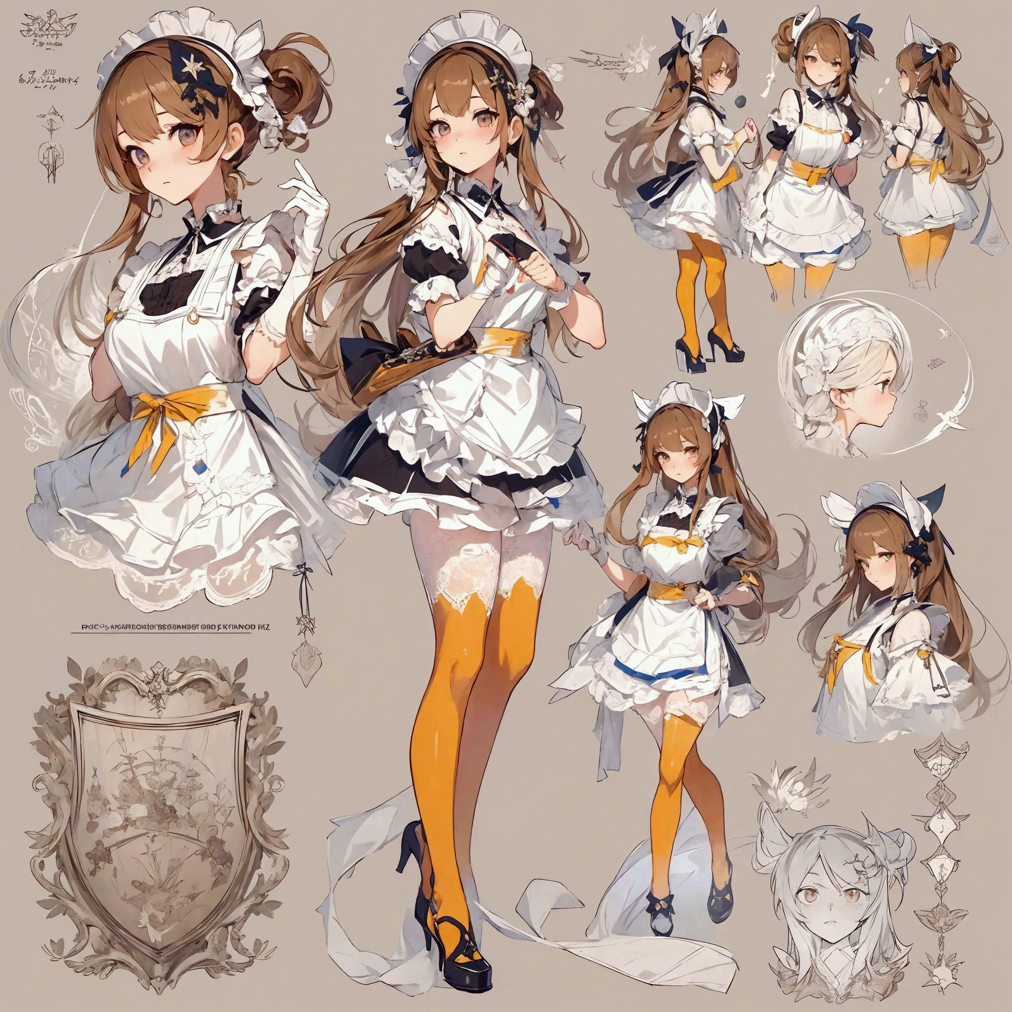 ((Masterpiece, Highest quality)), Detailed face, CharacterDesignSheet， full bodyesbian, Full of details, Multiple poses and expressions, Highly detailed, Depth, Many parts，Beautiful Maid，Holding a shield，double-ponytail，estilo fantasia，Orange caramel，Extremely beautiful，High Balance, Natural light, Lace，lacepantyhose，Sunny décor，Star decoration