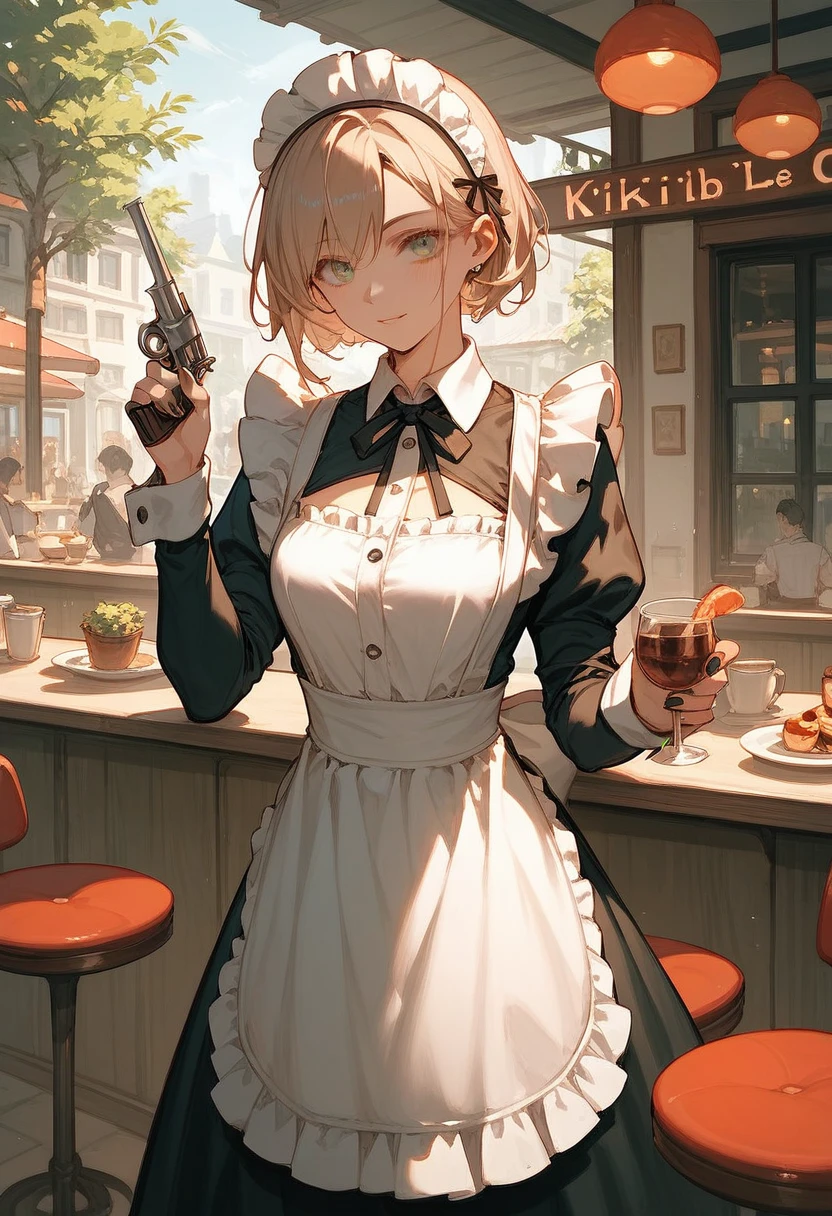 Cafe,Maid holding a revolver,The work behind the scenes is a killer 