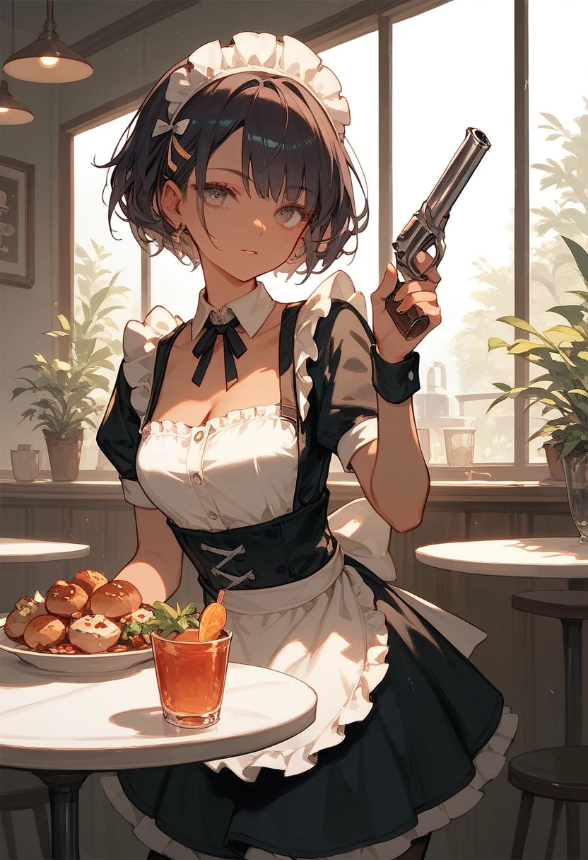 Cafe,Maid holding a revolver,The work behind the scenes is a killer 