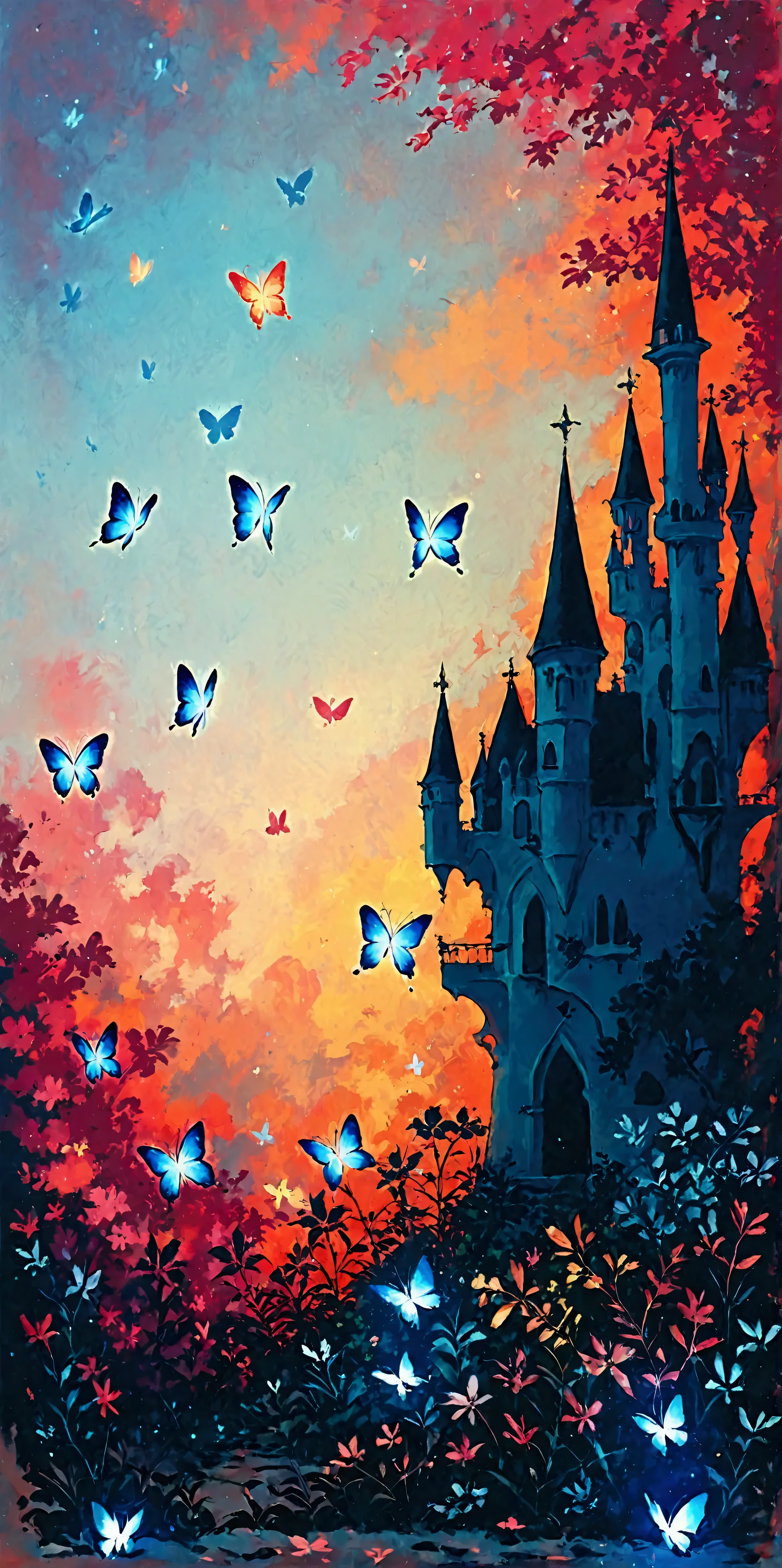 a very beautiful castle/(full body/),colorful butterflies,many flowers and petals,colorful,pastel color,vivid color.score_9, score_8_up, score_7_up, score_6_up, score_5_up, score_4_up, source_anime,source_furry,rating_safe,rating_questionable,masterpiece, best quality, perfect anatomy , very aesthetic , absurdres ,vivid color