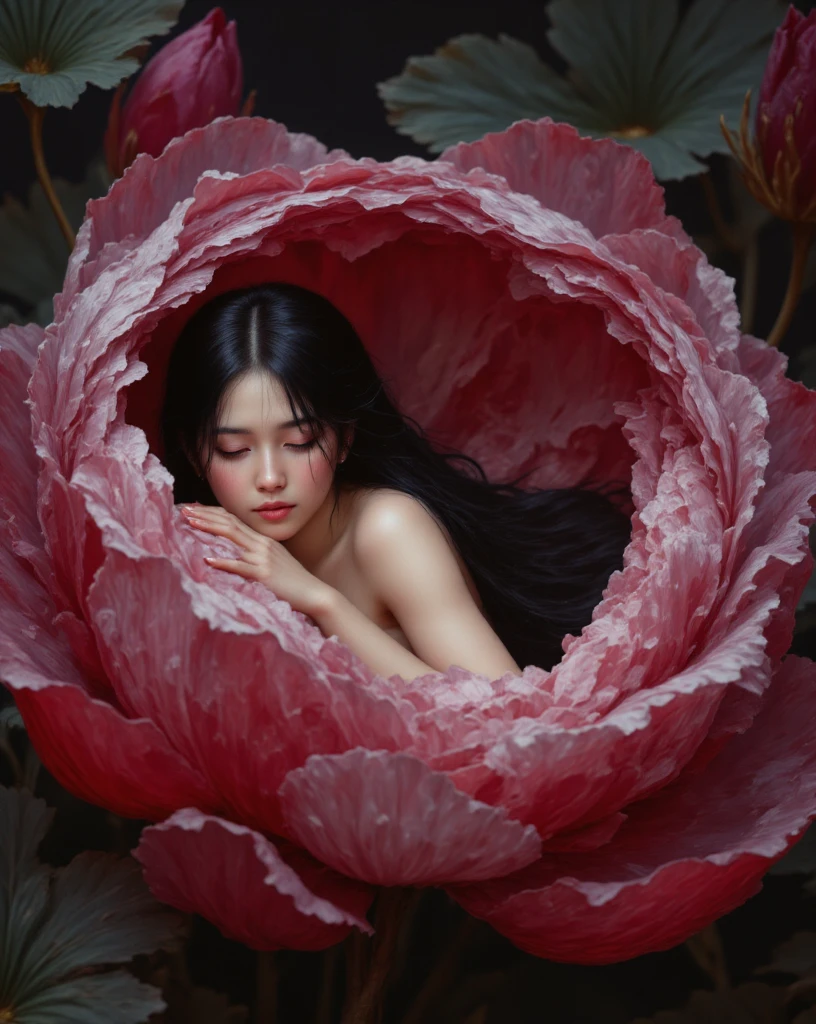 A surreal, dreamlike Baroque painting of a beautiful girl with long black hair till her knees featuring an enormous blooming crimson lotus flower as the central focus. The petals of the lotus flower are rendered in various shades of pink to red, from light blush to deep rose, with intricate, layered textures creating depth and movement. The color palette transitions smoothly from crimson to soft pink to lavender, adding to the ethereal quality. A beautiful teen girl with very long hair tll her knees is lying within the center of the lotus flower, her face visible and serene. She is wearing crimson dark red saree with golden border which is spread over center petals appears to be embracing herself or resting against the petals, surrounded by their delicate folds. Her eyes are closed, enhancing the tranquil atmosphere. The lighting is soft, diffused, and even, casting gentle shadows that accentuate the texture of the petals and illuminate the scene without harsh contrasts. The composition is centralized, emphasizing the interplay between the subject and the environment. The shallow depth of field keeps the focus on the woman and the immediate area around her, while the rest of the image fades into a blur of more elaborate petal details. The image has high contrast and saturation, contributing to its vibrant appearance.