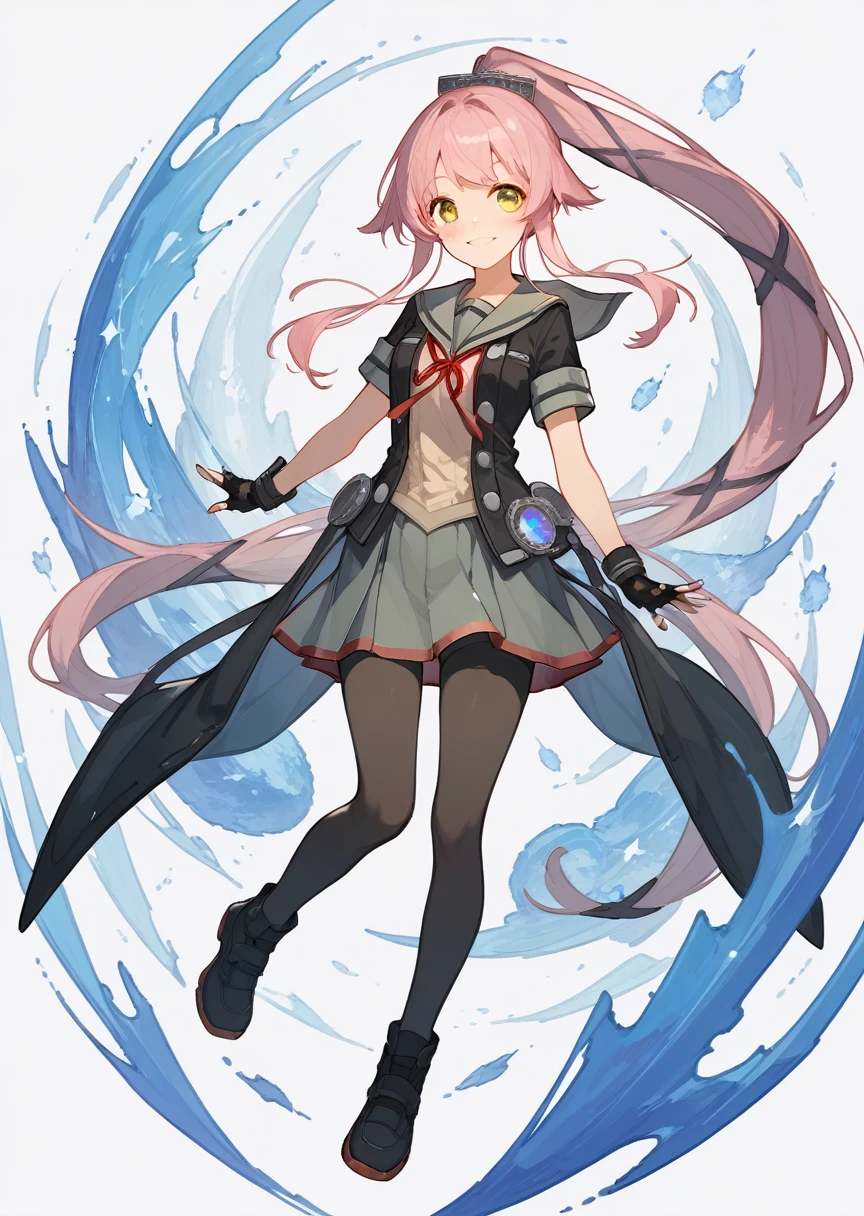 yurakainikc,pink hair, long hair,skirt, gloves, ribbon,school uniform, jacket, hair ribbon, yellow eyes, ponytail, short sleeves, pleated skirt, serafuku, black gloves, sailor collar, red ribbon, black jacket, neck ribbon, bike shorts, hair flaps, grey skirt, partially fingerless gloves, grey sailor collar,(masterpiece:1.4),(best quality:1.4), (premium:1.4), (great illustration:1.4), (ultra-detailed:1.4),(art CG, 8K),1girl solo,(full body:1.3), ,tights,blush,smile,