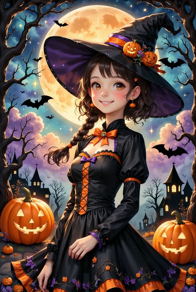 (masterpiece, best quality:1.2), cute girl wearing a Halloween witch costume,,Dynamic Pose,smiling,a person with braids, Alone, Anatomically Correct , perfect anatomy,Beautiful as a dream,Halloween Background,Night Sky