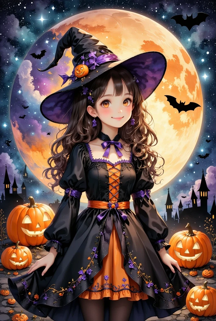 (masterpiece, best quality:1.2), cute girl wearing a Halloween witch costume,,Dynamic Pose,smiling, Alone, Anatomically Correct , perfect anatomy,Beautiful as a dream,Halloween Background,Night Sky