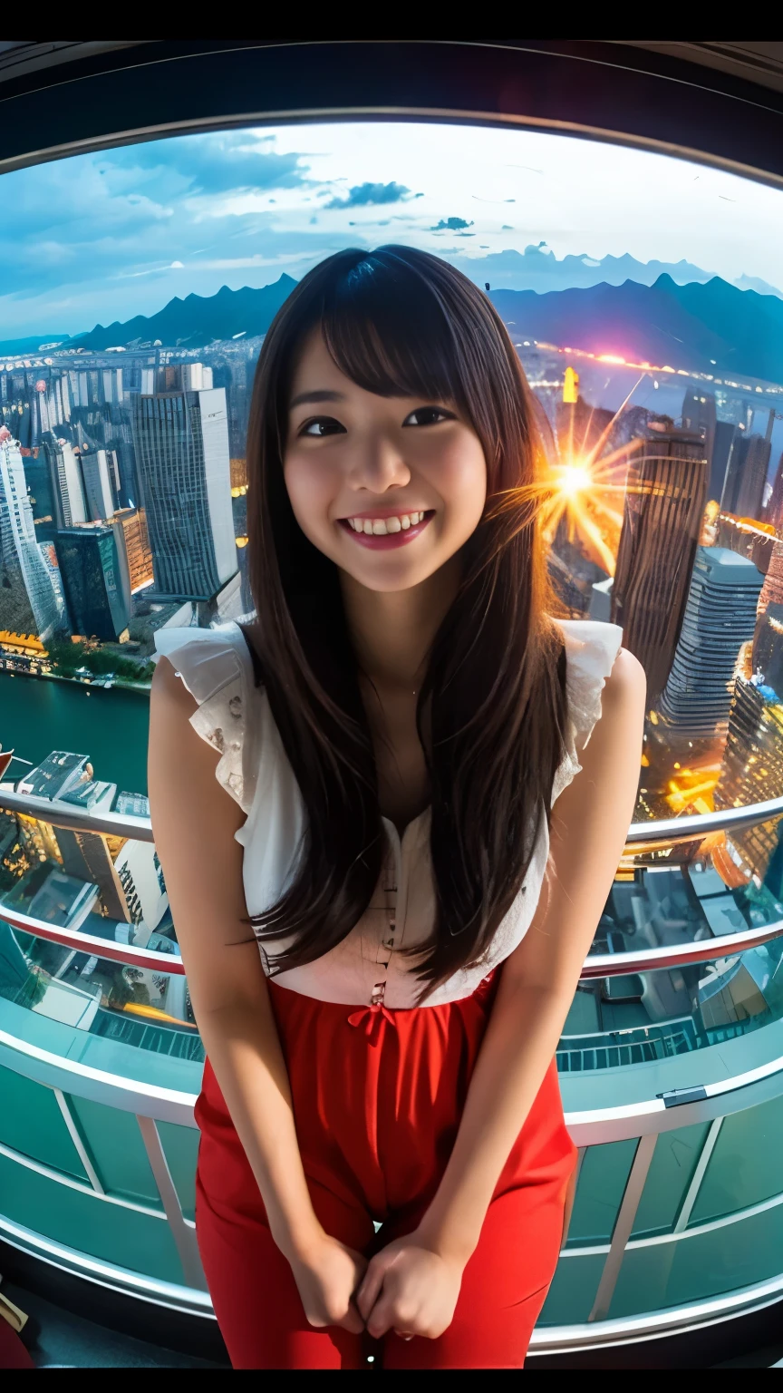  one girl playing pranks, Korean, Fisheye Lens, Selfie, wind,  unkempt hair, sunset, cityscape, ( Aesthetics and atmosphere :1.2),smile