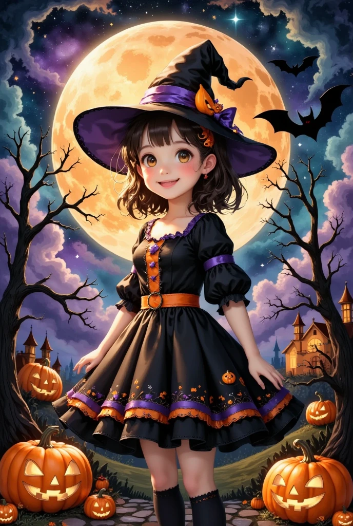 (masterpiece, best quality:1.2), cute girl wearing a Halloween witch costume,,Dynamic Pose,smiling, Alone, Anatomically Correct , perfect anatomy,Beautiful as a dream,Halloween Background,Night Sky