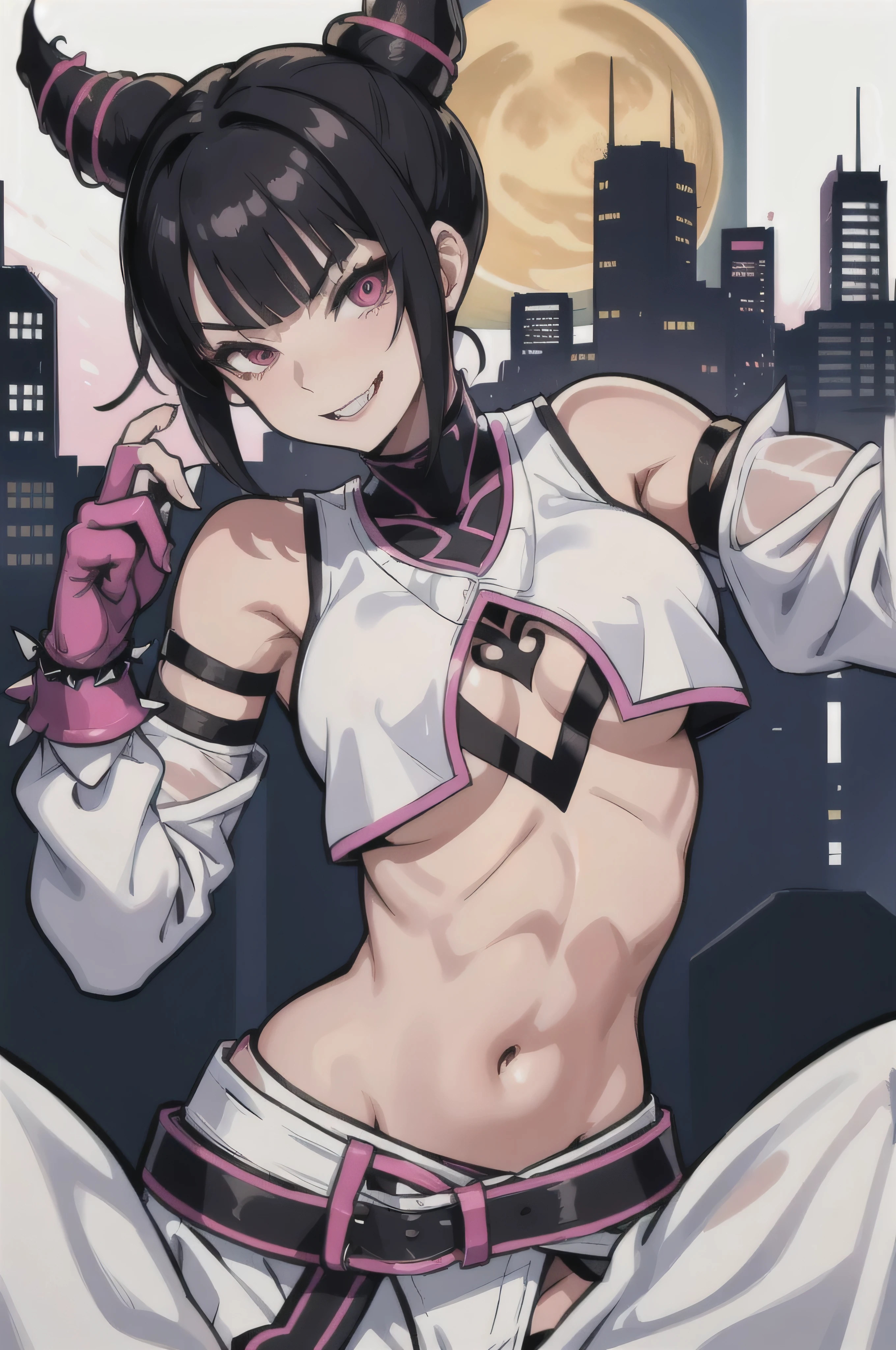 Juri Han (Street Fighter), black alan walker hoodie with white alan walker logo design of a letter "A" and "W" combined letters, white miniskirt, fishnet stockings, black punk boots, black fingerless gloves, midriff
masterpiece, best quality, absurdres, evil smile, night, city