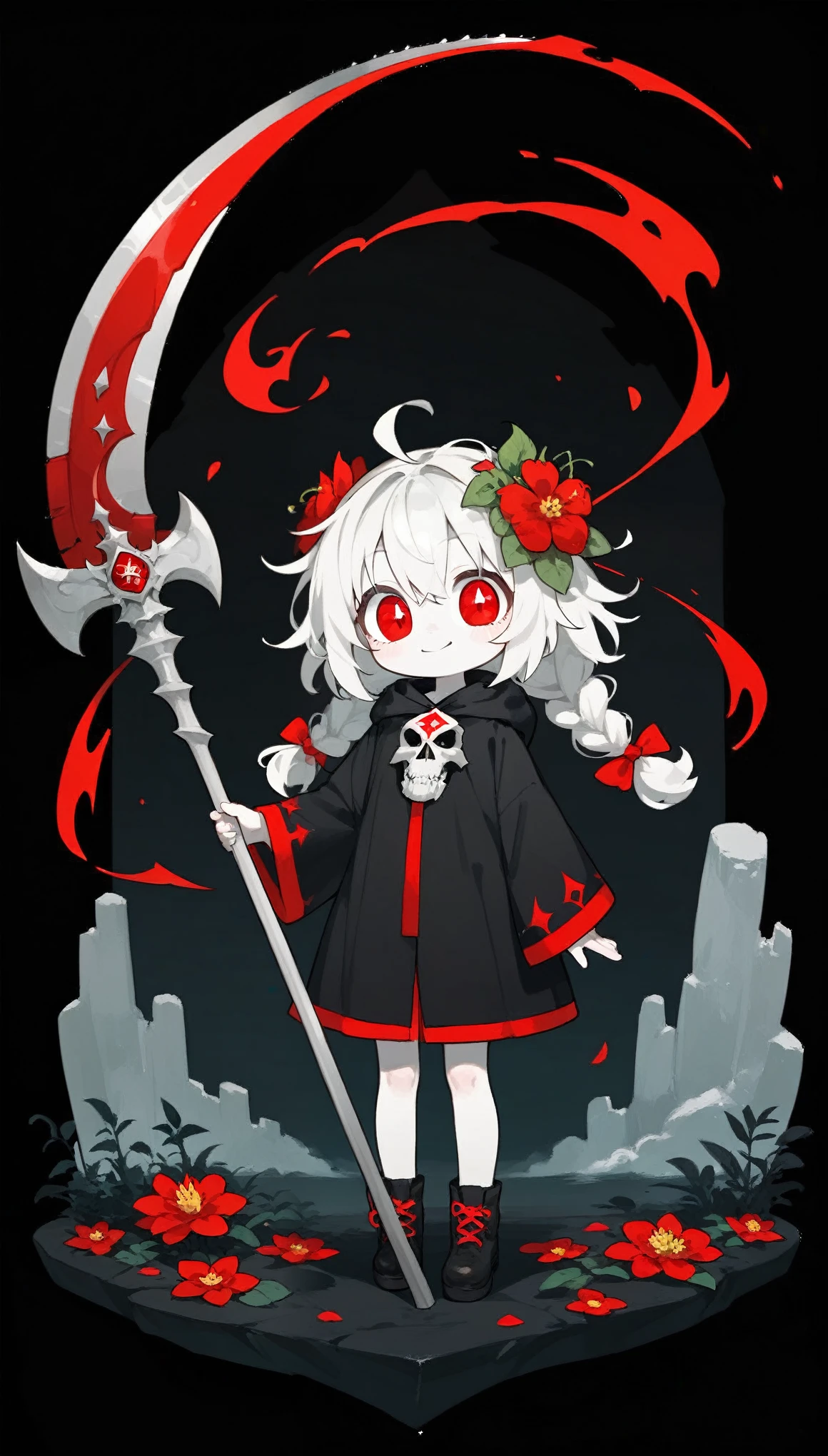 solo,1female\(grim reaper,cute,kawaii,age of 10,hair color white,braid hair,messy hair,eye color dark,big eyes,white skin,big smile,enjoy,full body,wearing Grim Reaper's black Robe,(black hood),holding scythe,skip,flower hair ornament,white hair,(body transparent:0.8)\),background\((black sky:1.5),skulls at ground,withered flowers all over the ground,red water\).score_9, score_8_up, score_7_up, score_6_up, score_5_up, score_4_up, source_anime,source_furry,rating_safe,rating_questionable,masterpiece, best quality, perfect anatomy , very aesthetic , absurdres,