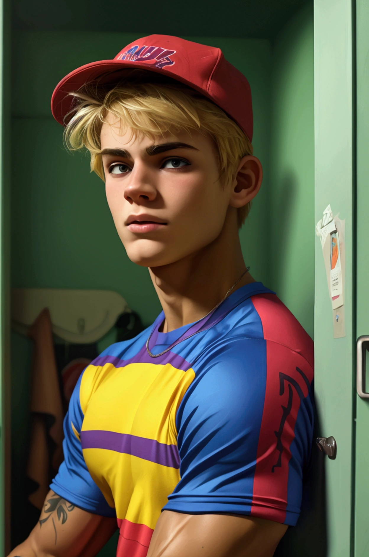 A photo of a super dumb young  male teenager bodybuilder, Innocent face, idiot expression super muscular, blond, handsome, dumb face, in a closet, roided giant muscles students watching full school yard wearing a super tight CMYK scale shirt giant ever muscles sucking erect cock penis pale tattooed baseball cap armpits 1980's styles orgy aroused sensual