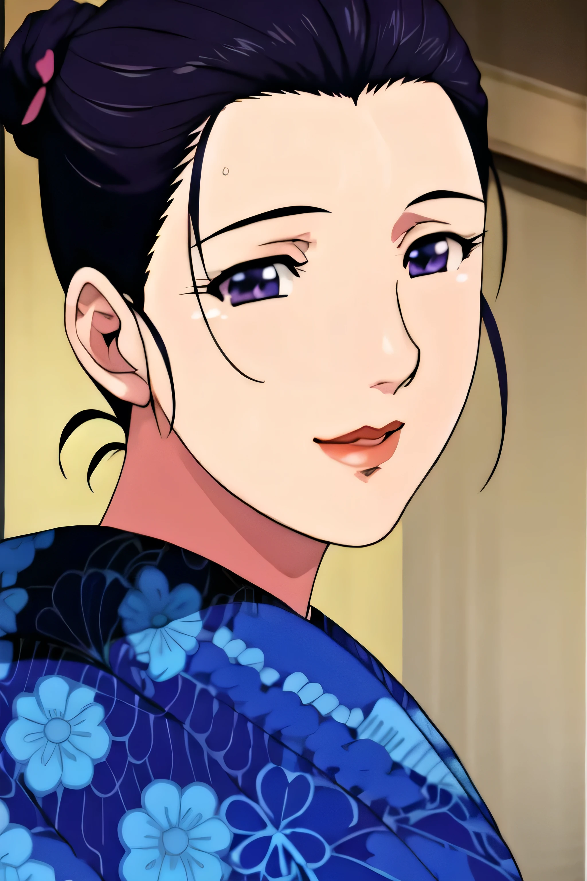 Simple Background,Background,
Navy blue kimono,floral print,japanese clothes,wide sleeves,long sleeves,
cleavage,
purple eyes, black hair,bangs,hair bun,
1 girl, 20yo,Young female,Beautiful long legs,Beautiful body,
Beautiful Nose,Beautiful character design, perfect eyes, perfect face,expressive eyes,perfect balance,
looking at viewer,(Focus on her face),closed mouth, (innocent_big_eyes:1.0),(Light_Smile:0.3),
official art,extremely detailed CG unity 8k wallpaper, perfect lighting,Colorful, Bright_Front_face_Lighting,White skin,
(masterpiece:1.0),(best_quality:1.0), ultra high res,4K,ultra-detailed,
photography, 8K, HDR, highres, absurdres:1.2, Kodak portra 400, film grain, blurry background, bokeh:1.2, lens flare, (vibrant_color:1.2),professional photograph,
(Beautiful,large_Breasts:1.4), (beautiful_face:1.5),(narrow_waist),large breast, big boobs , milf