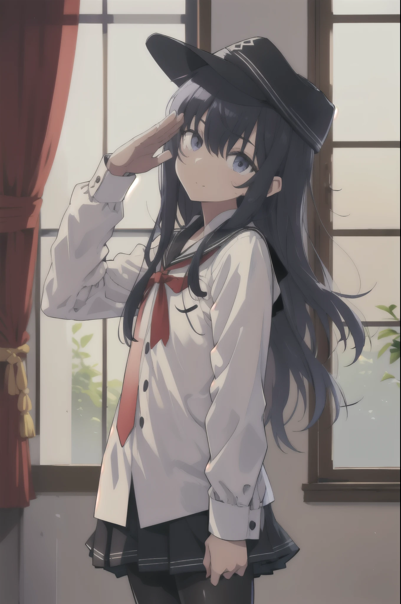 Akatsuki,  flat cap, Seraph,  white shirt ,  Long Sleeve , pantyhose, salute,  Head Tilt, Green,  window , Shine,  cowboy shot of a man, masterpiece, Best Quality,  Kampala, Nice hands, Perfect hands