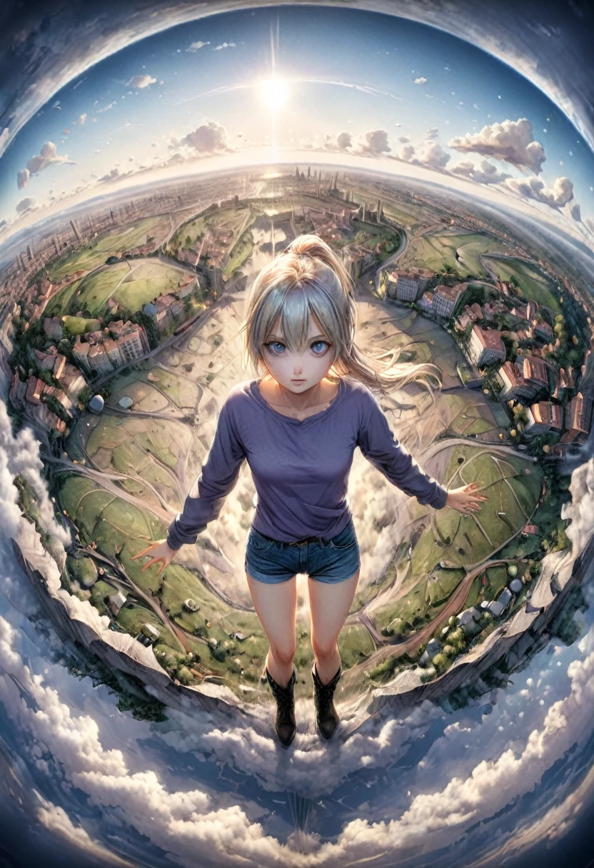 Pinhole photography, Realistic animation, Fisheye effect ,   Cross-section theme  , 1 Girl,  Light blond long hair and a low single ponytail  ,Lilac short-sleeved T-shirt、Coat、Denim trousers、双手插在Coat口袋里 ,   black boots ,   Floating in the sky overlooking the earth , From above,  Junji Ito's artistic style ,  Expressive body language , Focus on the face and eyes,  super detailed,  Line Art ,  Thick lines 