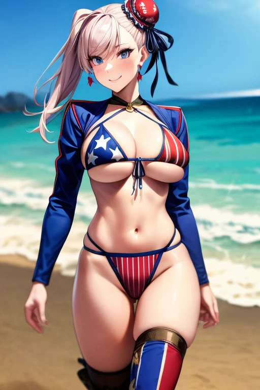 (Masterpiece, Ultra-high resolution, 8k, High Quality, Top quality, High-Detailed, Detailed CG, Cinematic Shadow:0.5, Beautiful Detailed Eyes, Ultra Resolution, Depth of Field, High Resolution, Masterpiece: 1.2), (Anime Art style), (cowboy shot), ((beach)), 1girl, solo, miyamoto musashi, asymmetrical hair, blue eyes, earrings, hair ornament, pink hair, ponytail, sidelocks, american flag bikini, american flag legwear, bikini, boots, bun cover, flag print, hair bun, multi-strapped bikini, multicolored clothes, multicolored swimsuit, navel, print swimsuit, single hair bun, single hair intake, single side bun, single sidelock, single thigh boot, single thighhigh, swept bangs, swimsuit, thigh boots, thighhighs, two-tone swimsuit, underboob, beautiful breasts, evil smile, walking,