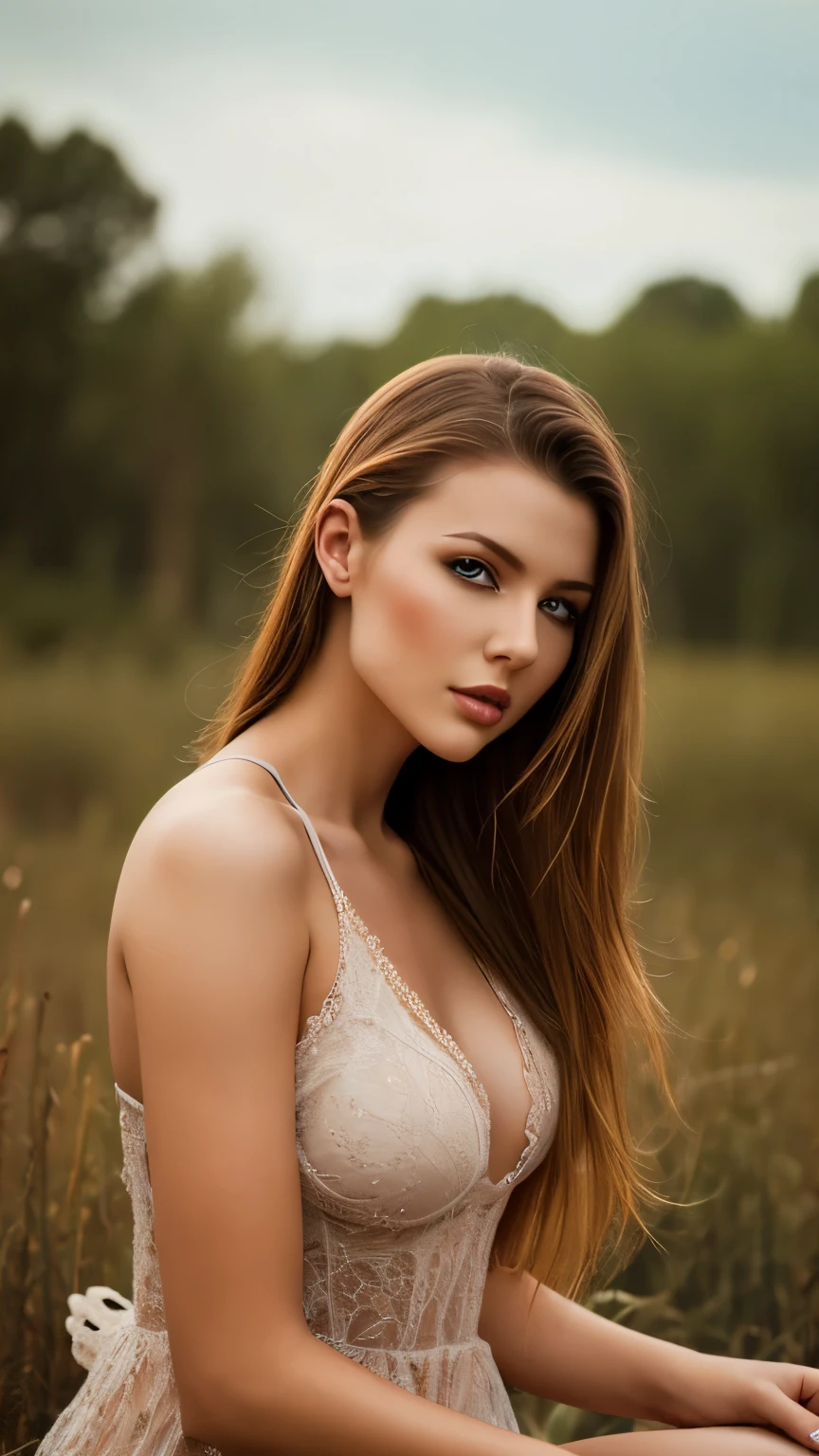 Portrait d'une rousse de 32 ans aux yeux verts, Frenchwoman, Chest close-up, Disjointed cream-colored linen bustier, Ultra-detailed skin texture, sexuality, seduction, regard amoureux, lightly open mouth, Standing in a river, rochers, arbres, soleil couchant, cinematic rendering, 32K, facial sharpness