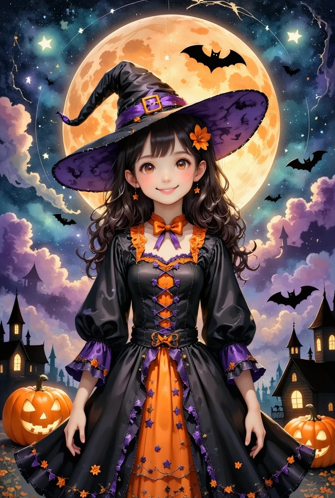 (masterpiece, best quality:1.2), cute girl wearing a Halloween witch costume,,Dynamic Pose,smiling, Alone, Anatomically Correct , perfect anatomy,Beautiful as a dream,Halloween Background,Night Sky