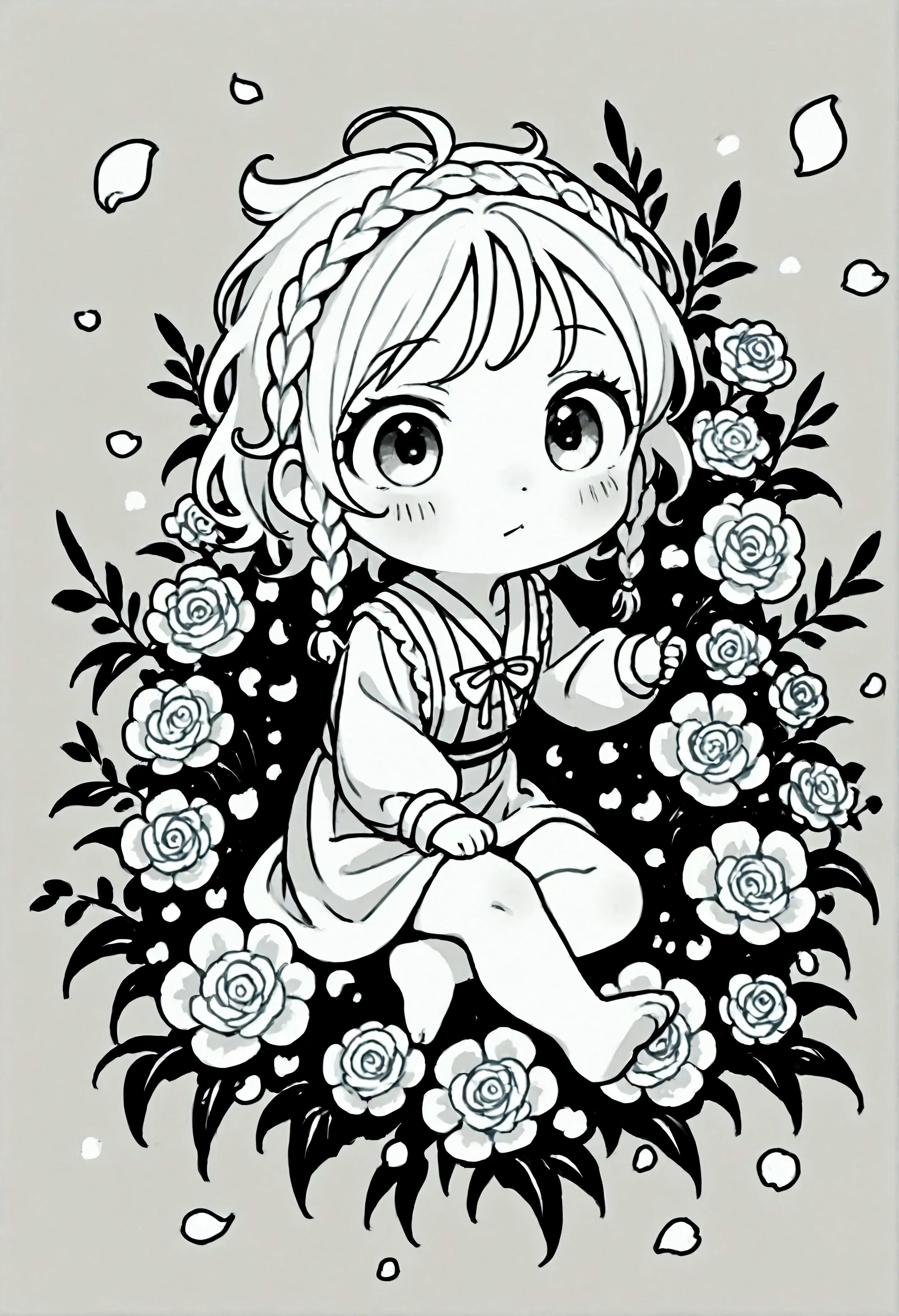 solo,1female\(chibi,cute,kawaii,age of 10,hair color white,braid hair,messy hair,eye color gray,big eyes,white skin,(monochrome:1.2),lean on,(full body:1.6)\),background\((many beautiful flowers and petal:1.4),messy tiny room\),(double exposure:1.5).score_9, score_8_up, score_7_up, score_6_up, score_5_up, score_4_up, source_anime,source_furry,rating_safe,rating_questionable,masterpiece, best quality, perfect anatomy , very aesthetic , absurdres,