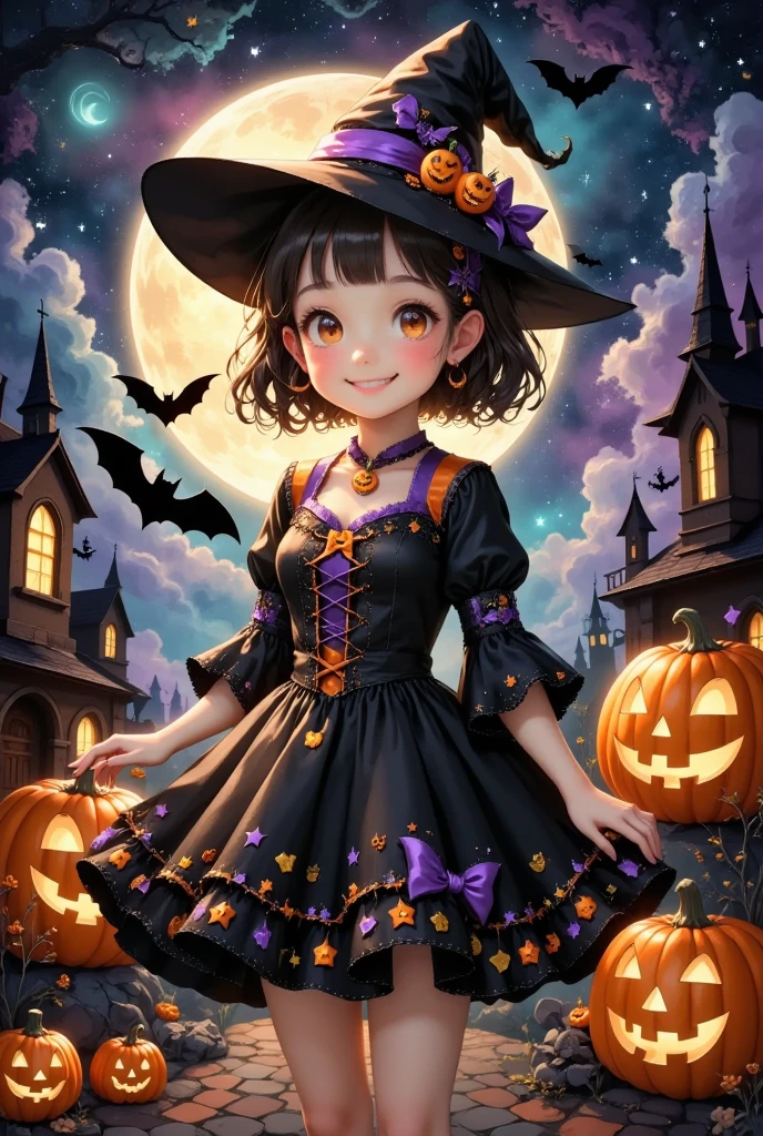 (masterpiece, best quality:1.2), cute girl wearing a Halloween witch costume,,Dynamic Pose,smiling, Alone, Anatomically Correct , perfect anatomy,Beautiful as a dream,Halloween Background,Night Sky