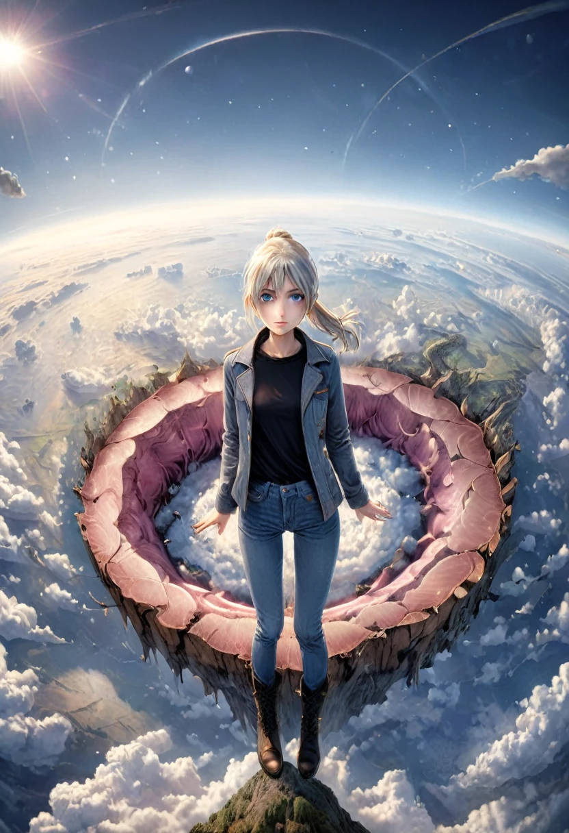 Pinhole photography, Realistic animation, Wide angle effect ,   Cross-section theme  , 1 Girl,  Light blond long hair and a low single ponytail  ,Lilac short-sleeved T-shirt、Coat、Denim trousers、双手插在Coat口袋里 ,   black boots ,   Floating in the sky overlooking the earth , From above,  Junji Ito's artistic style ,  Expressive body language , Focus on the face and eyes,  super detailed,  Line Art ,  Thick lines 