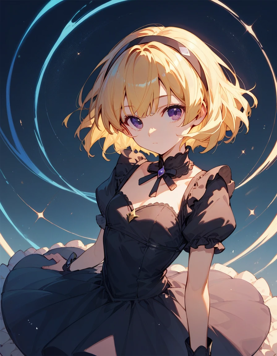 houjou_satoko, 1girl, solo, blonde hair, hairband, dress, short hair, princess dress, Purple eyes, black hairband,  bangs, small breasts,