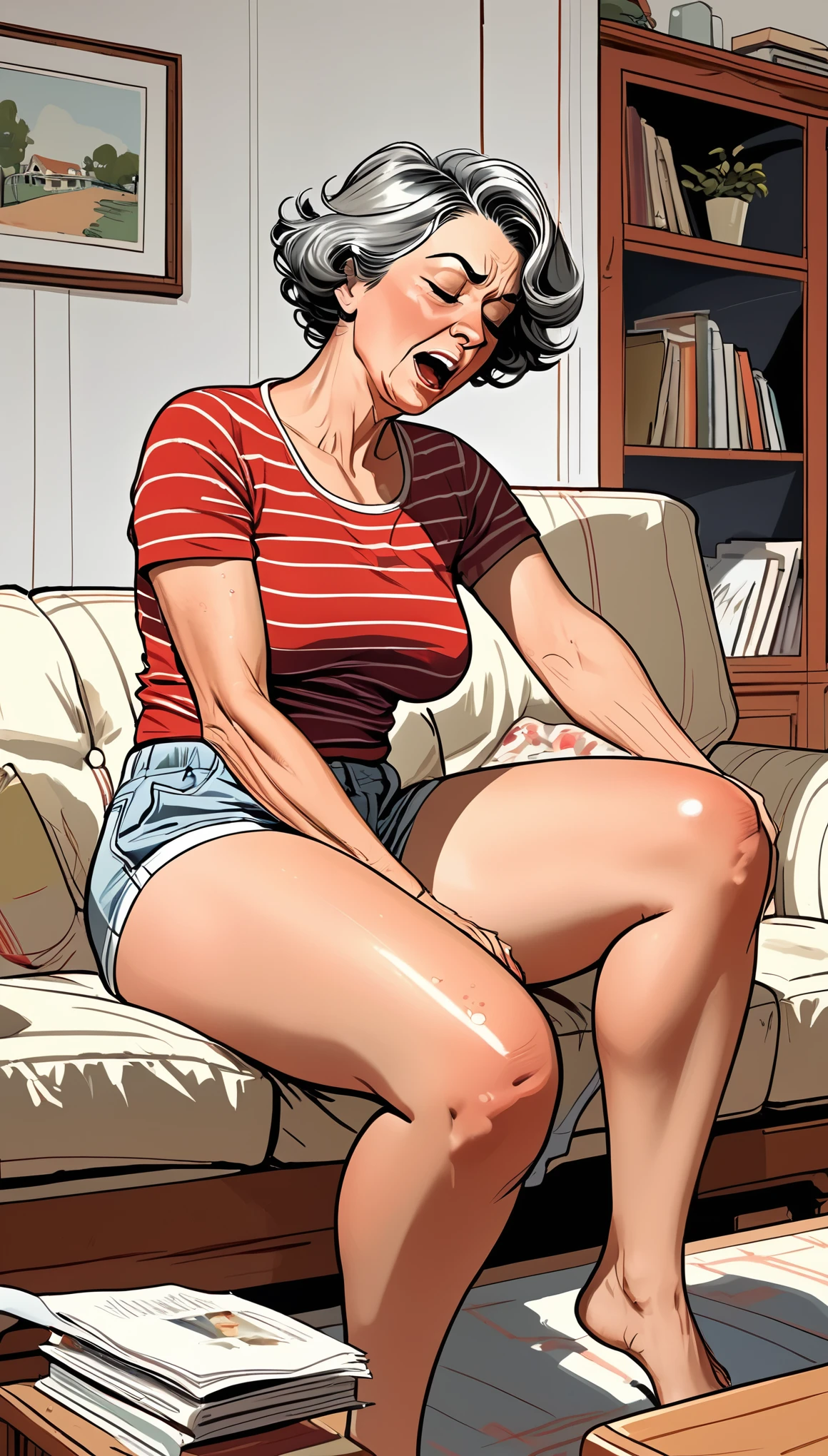 Vintage illustration, attractive body, voluptuous bust, 90cm bust, mature woman, red striped T-shirt on white background, sweat shorts, closed legs, live show, single mother, dripping emotion, moaning, sweet sigh, writhing body, living room sofa, touching one's own body, aunt, lift-up, expression of enduring pain, ripe body, arching back, touching erogenous zones, nsdw