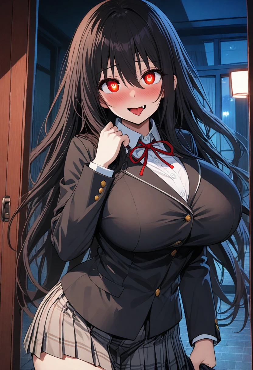 (solo woman),black long hair,looking at viewer,yandere smile,glowing red eyes,huge breast,fang,tongue out,drooling,school uniform,gray check skirt,perfect body,entrance,night,indoor,[:heart1shape-eye:0.5]