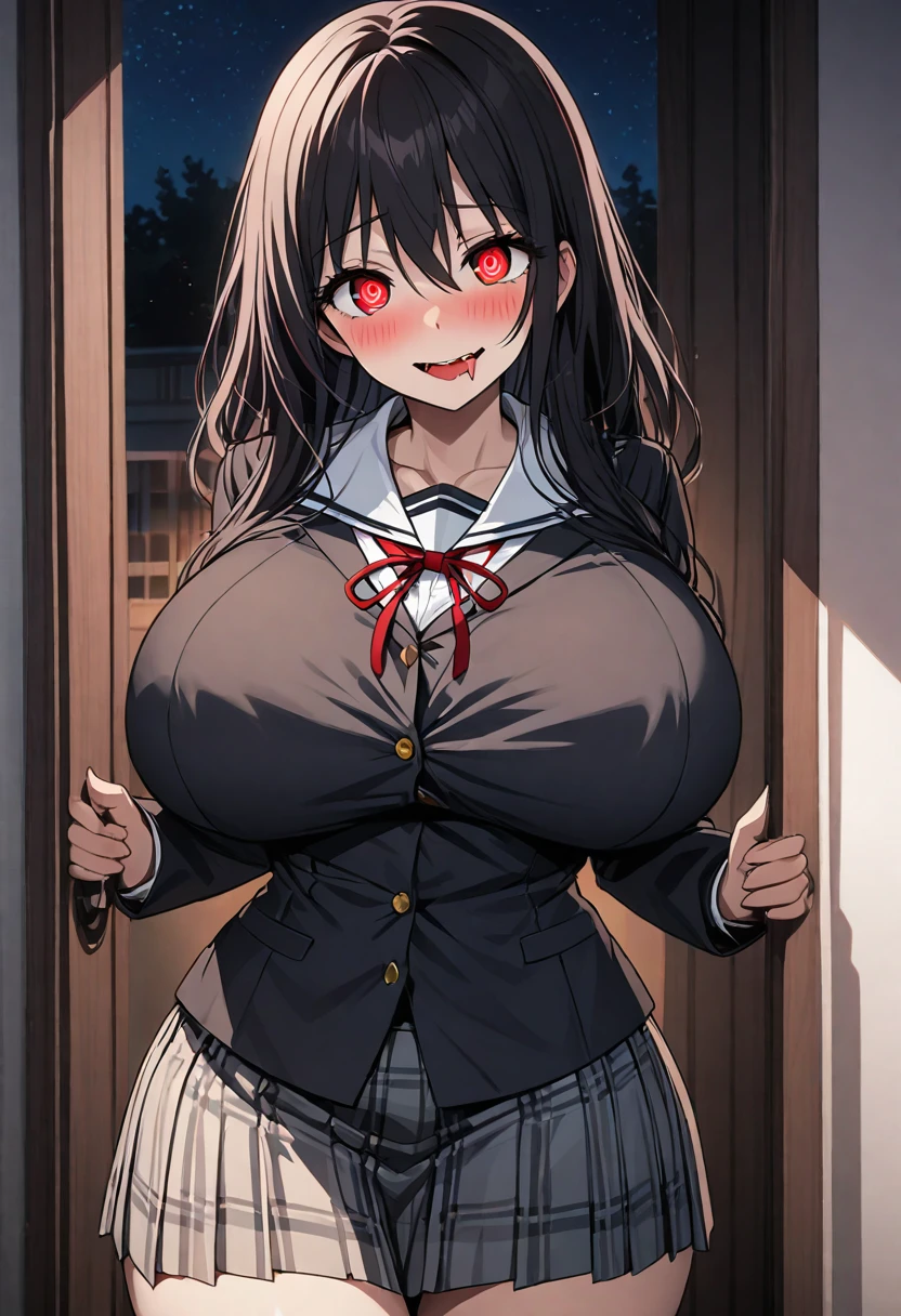 (solo woman),black long hair,looking at viewer,yandere smile,glowing red eyes,huge breast,fang,tongue out,drooling,school uniform,gray check skirt,perfect body,entrance,night,indoor,[:heart1shape-eye:0.5]