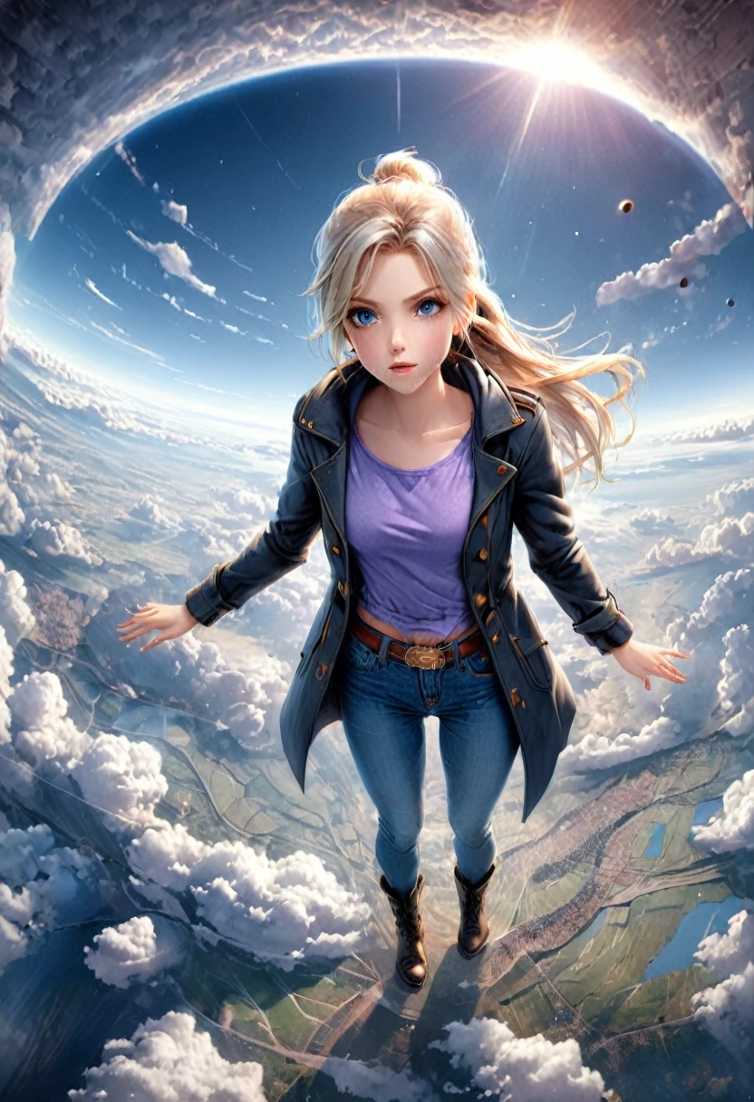 Pinhole photography, Realistic animation, Wide angle effect ,   Cross-section theme  , 1 Girl,  Light blond long hair and a low single ponytail  ,Lilac short-sleeved T-shirt、Coat、Denim trousers、双手插在Coat口袋里 ,   black boots ,   Floating in the sky overlooking the earth , From above,European and American comic hero style,  Expressive body language , Focus on the face and eyes,  super detailed,  Line Art ,  Thick lines 