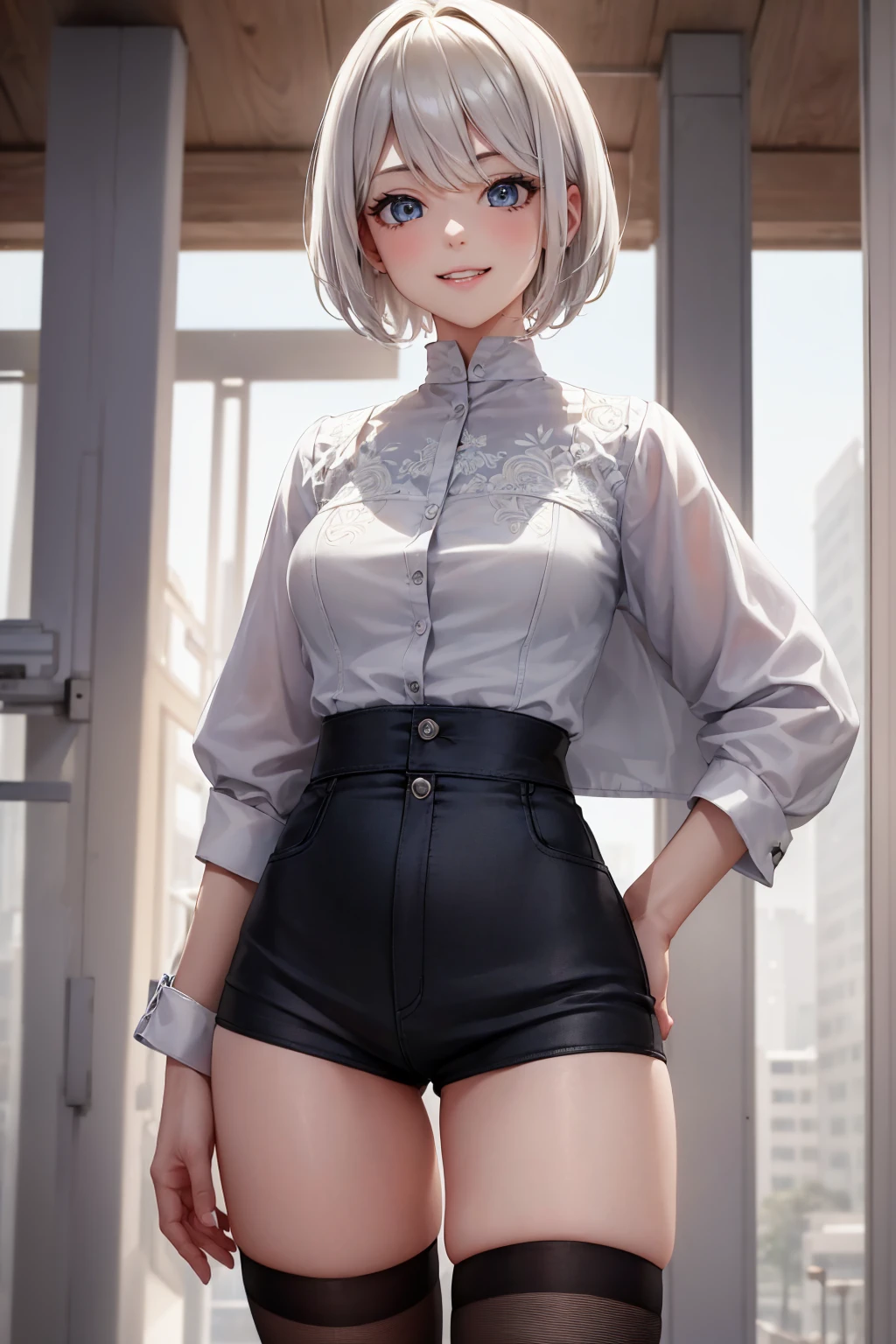 ((最high quality, 8k, masterpiece)), High resolution、（high quality: 1.5）、Very detailed、Detailed face、Bright colors、Natural light、Fine grain、Colorful eyes、Beautiful Face、Woman with very detailed face textures,masterpiece, 最high quality, Detailed and beautiful eyes,最high quality、Best image quality、masterpiece,girl,smile,From below,grin,(Brat),white Hair, short hair , ojos cubiertos, Cute clothes,Printed shirt,Shorts,Just beautiful,masterpiece,(laugh at),最high quality、so beautiful,High resolution,1girl, Alone,(masterpiece:1.2)、(最high quality:1.2)、Latest Glossy Skin, thigh high socks, 2B