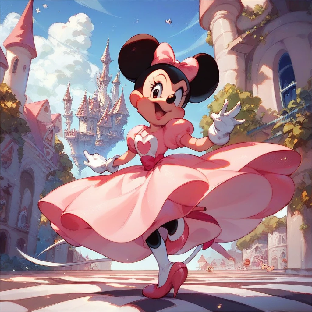 ((score_9, score_8, score_7)), Expressiveh, (highly detailed), detailed background, castle, dynamic pose, beautiful, tail, Minnie Mouse, female mouse, big mouse ears, pink bow whit white polkadots, pink dress, white polkadot dress, puffy short sleeves, white gloves, white pantihose, pink heels