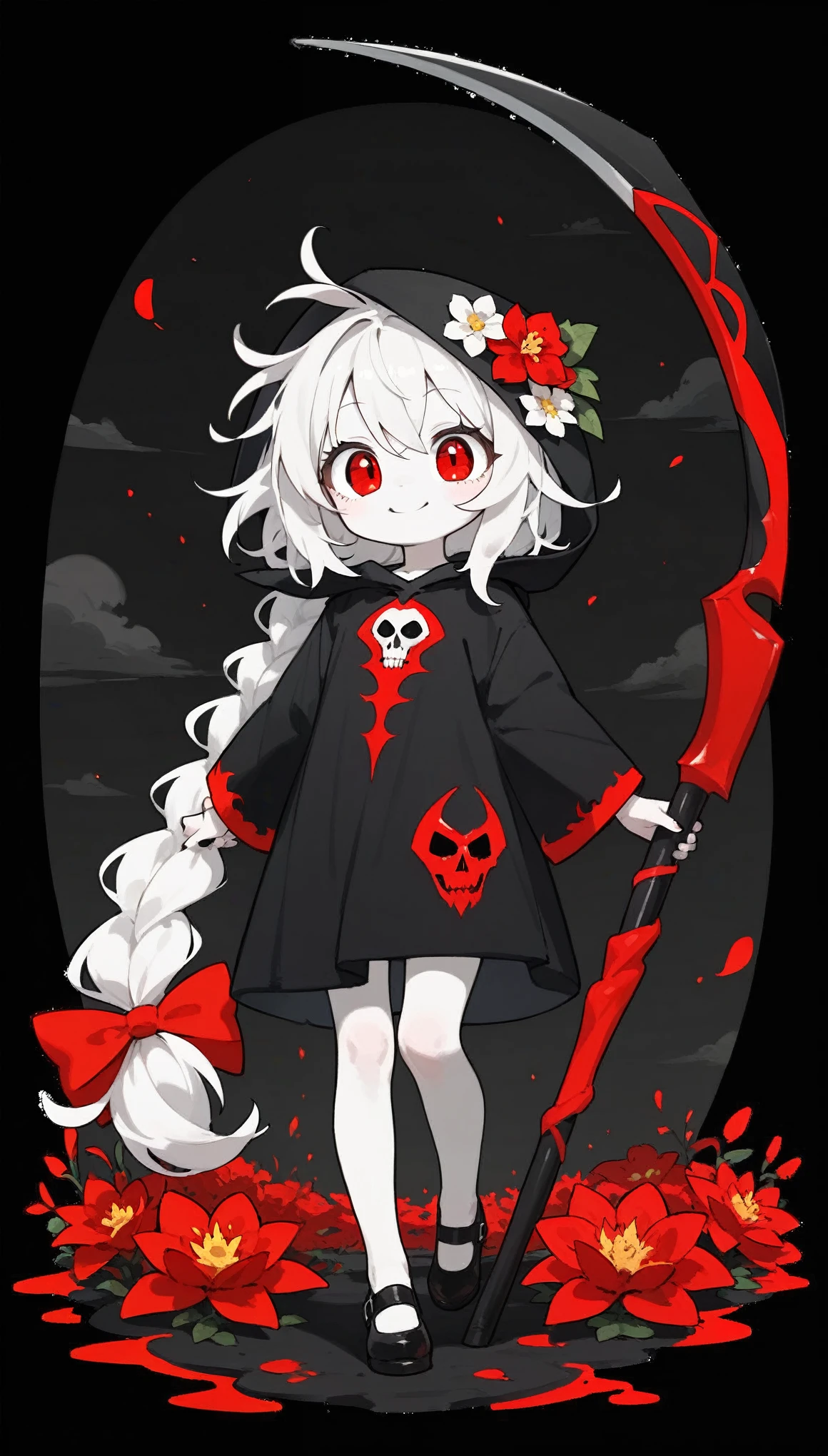 solo,1female\(grim reaper,cute,kawaii,,hair color white,braid hair,messy hair,eye color dark,big eyes,white skin,big smile,enjoy,full body,wearing Grim Reaper's black Robe,(black hood),holding scythe,skip,flower hair ornament,white hair,(body transparent:0.8)\),background\((black sky:1.5),skulls at ground,withered flowers all over the ground,red water\).score_9, score_8_up, score_7_up, score_6_up, score_5_up, score_4_up, source_anime,source_furry,rating_safe,rating_questionable,masterpiece, best quality, perfect anatomy , very aesthetic , absurdres,