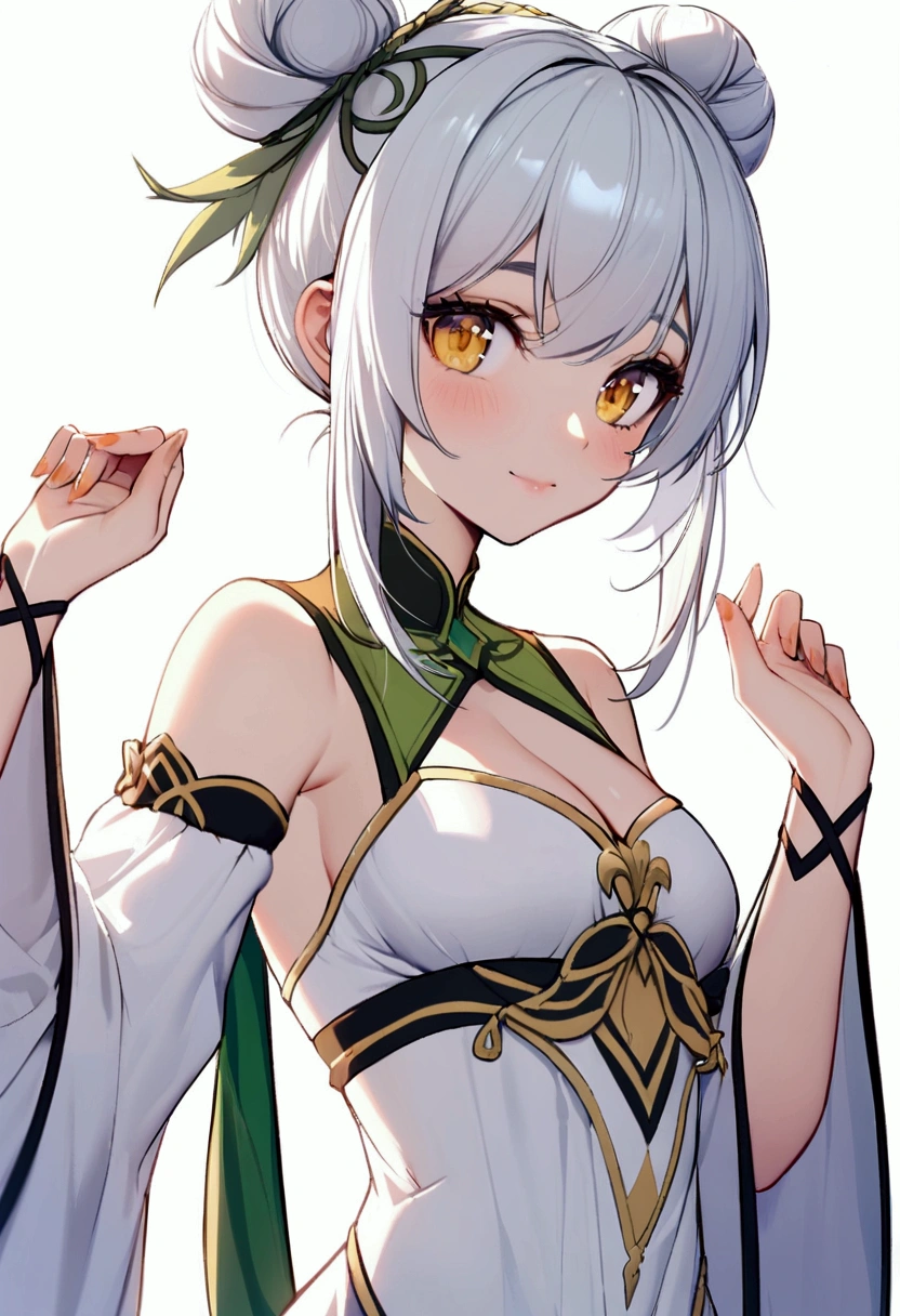 Xiang Ling, but she has different clothes, different design,cute girl, white background, cleavage,white hair    