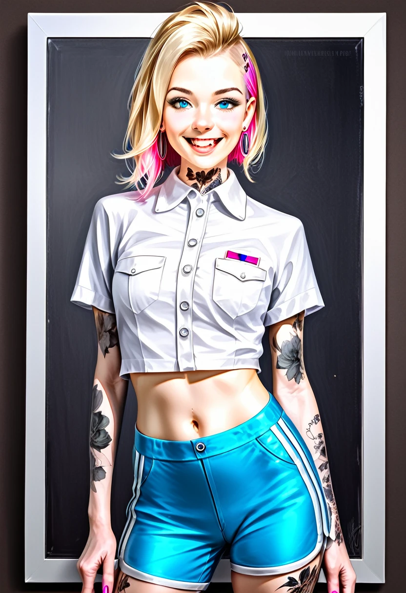 Female,155cm tall,slim,pale skin,blue eyes,blonde hair with pink highlights,topknot mohawk hairstyle,light smile,fang out,colourful celestial tattoos,small bust,action poses,tight dolphin shorts,((cowboy shot)),(best quality,4k,8k,highres,high resolution,masterpiece:1.2),ultra-detailed, intricately detailed tattoos, consistent tattooing, correct anatomy, (realistic,photorealistic,photo-realistic:1.37),vivid colors,studio lighting,physically-based rendering,professional,portraits