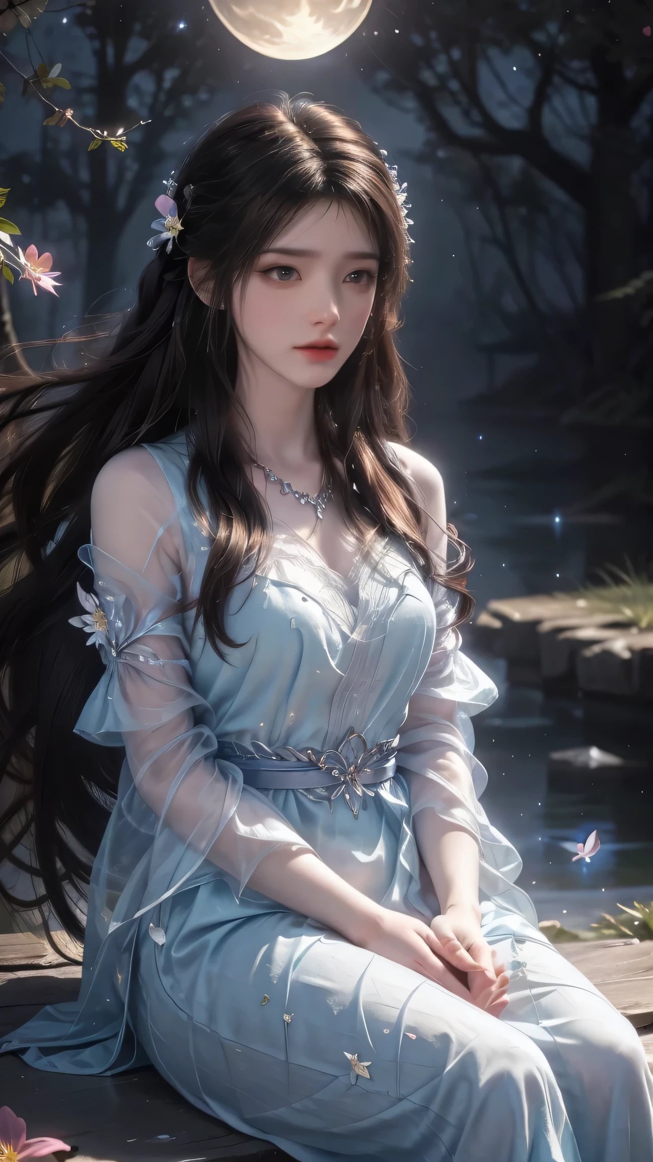 1girl, girl with long black hair, smiling, cheerful, girl is sitting among a wide expanse of flowers, surrounded by beautiful flowers, Calm and peaceful atmosphere, night, moonlight , Beautiful glowing butterflies surround the girl lighting up the darkness of the night, magic,Romantic, the night breeze blows the Sepoi Sepoi girl's hair, 