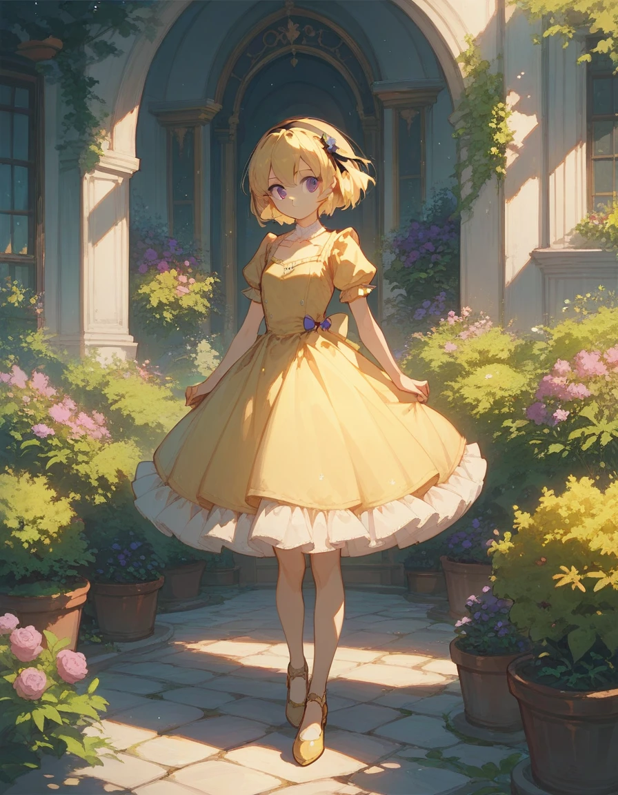 houjou_Satoko, 1girl, Alone, blonde hair, hair band, dress, short hair, princess dress, Purple eyes, black hair band, bangs, small breasts, full body, garden