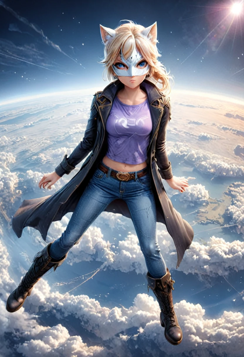 Pinhole photography, Realistic animation, Wide angle effect ,   Cross-section theme  , 1 Girl,  Light blond hair， low ponytail  ,White mask、Meow、Lilac short-sleeved T-shirt、Coat、Denim trousers、双手插在Coat口袋里 ,   black boots ,   Floating in the sky overlooking the earth , From above,European and American comic hero style,  Expressive body language , Focus on the face and eyes,  super detailed,  Line Art ,  Thick lines 