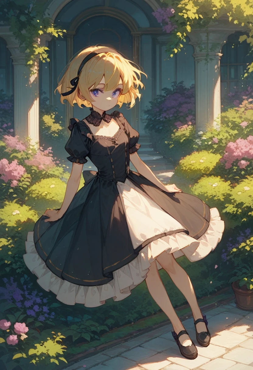 houjou_Satoko, 1girl, Alone, blonde hair, hair band, dress, short hair, princess dress, Purple eyes, black hair band, bangs, small breasts, full body, garden