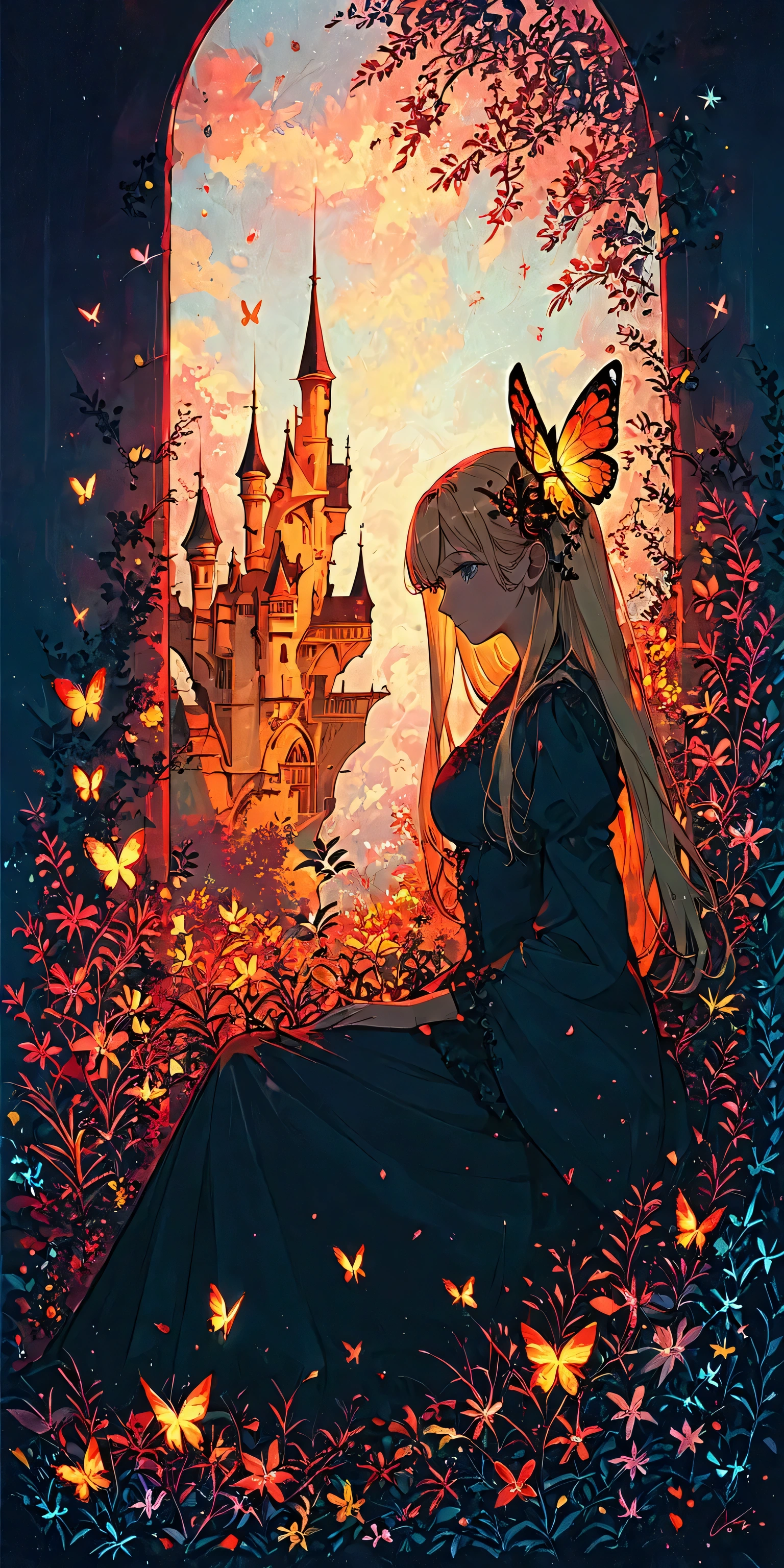 a very beautiful castle/(full body/),beautiful long blonde princess, colorful butterflies,many flowers and petals,colorful,pastel color,vivid color.score_9, score_8_up, score_7_up, score_6_up, score_5_up, score_4_up, source_anime,source_furry,rating_safe,rating_questionable,masterpiece, best quality, perfect anatomy , very aesthetic , absurdres ,vivid color,golden hour