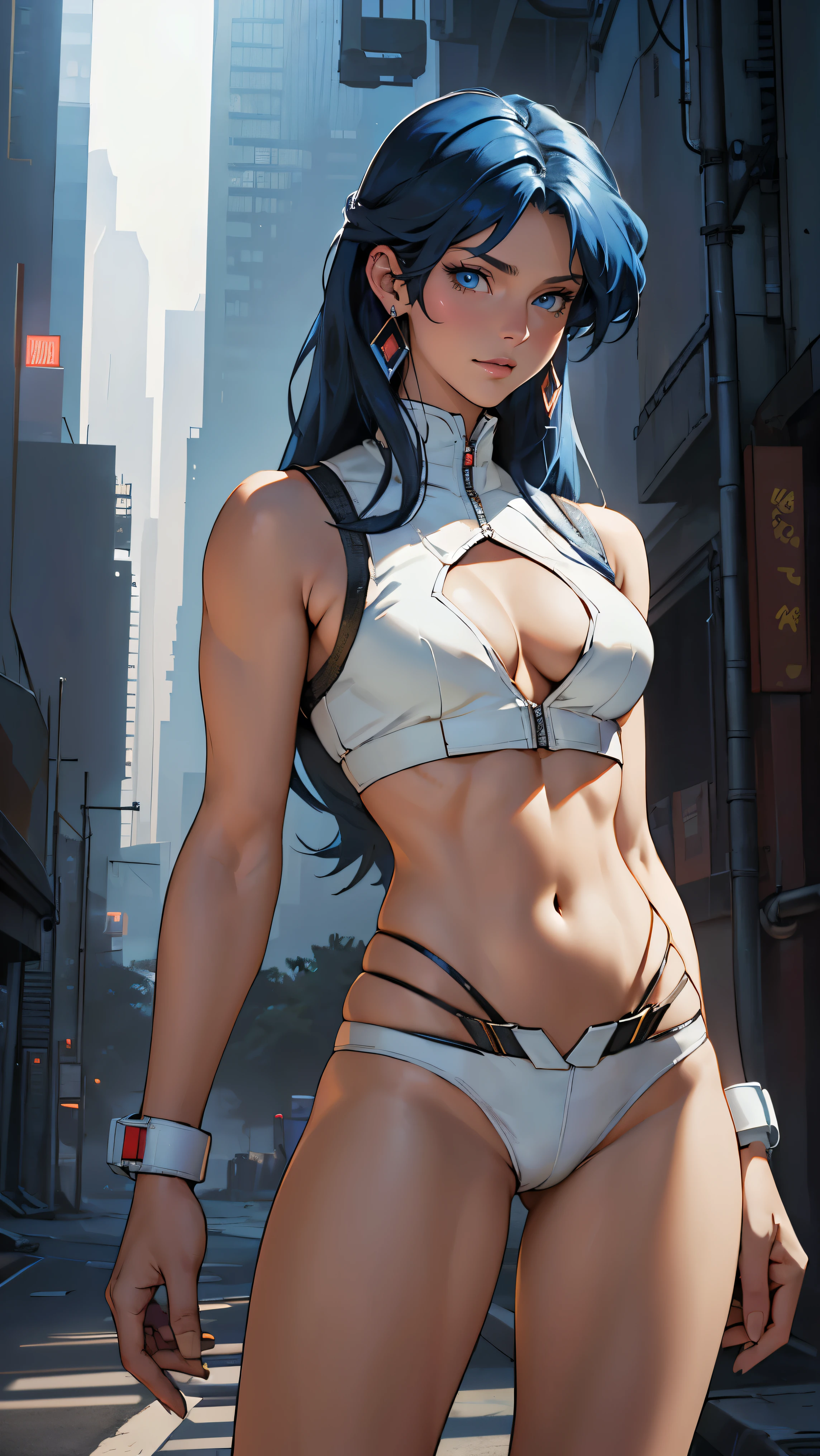 ((Masterpiece, highest quality; 1.3)), super quality, beautiful detail, super detailed, extra fine, 16K, exquisite, absurd, high resolution, beautiful background, detailed background, beautiful eyes, beautiful skin, anime style, dirtypairyuri, Dirty Pair Yuri in a skimpy white outfit, long blue hair, blue eyes, earrings, white uniform, white crop top, cutout, sleeveless, wearing tight clothing, skimpy, (breasts: 1.2), cleavage, cleavage, , obliques, fit arms, slim waist, ((wide hips)), fit thighs, (thigh gap), showing stomach, (skinny frame), wide hips, cyberpunk city background, holding a retro space gun
