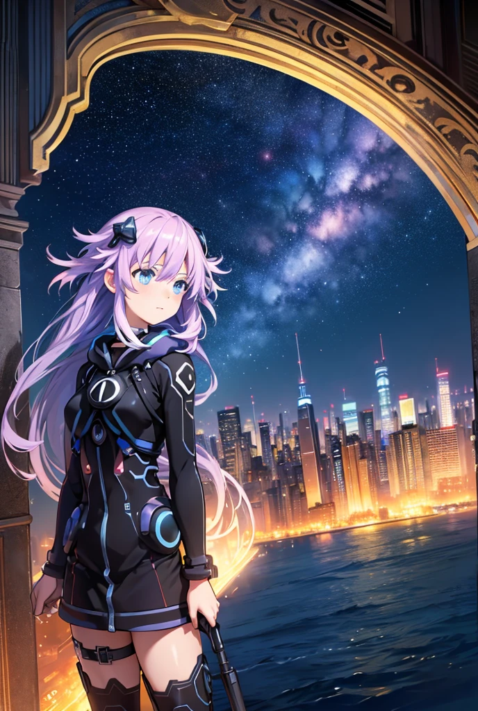 alta resolución,  masterpiece ,  The best quality, necessary, HD model,  tall details ,  high quality,  very detailed ,  Textured skin , UHD, foreground, Night city with sky full of stars with many colors, looking into infinity