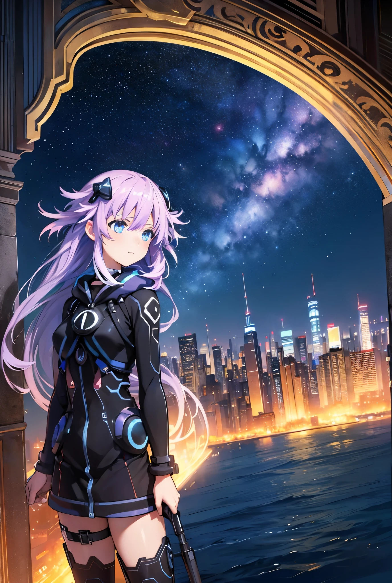 alta resolución,  masterpiece ,  The best quality, necessary, HD model,  tall details ,  high quality,  very detailed ,  Textured skin , UHD, foreground, Night city with sky full of stars with many colors, looking into infinity