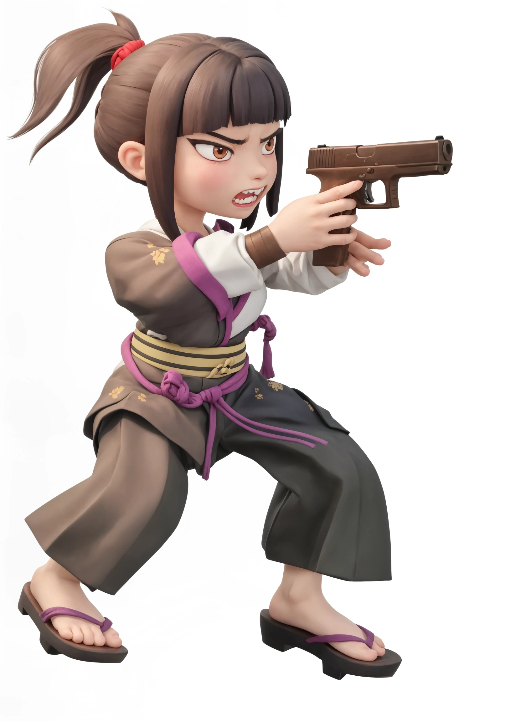  a Japanese-like girl shooting with a handgun，(Fierce expression:0.8),（Frowning:0.5），( with sharp and ferocious eyes:0.8)，Slender and raised eye shape，Gnashing teeth fiercely，I can see teeth ，Wearing a ponytail，Real hair texture ，Ponytail fluttering in the air，Holding a pistol in both hands，Raising her hand to shoot，Wearing Japanese kimono，A belt is tied around the waist，Black wide-leg pants，Half-squatting posture，（Both feet in a horse stance：0.6），Wearing wooden clogs，UE5 Rendering， Cartoon Characters，Thick coating style，3D Model，8K texture，UHD texture，More costume details 