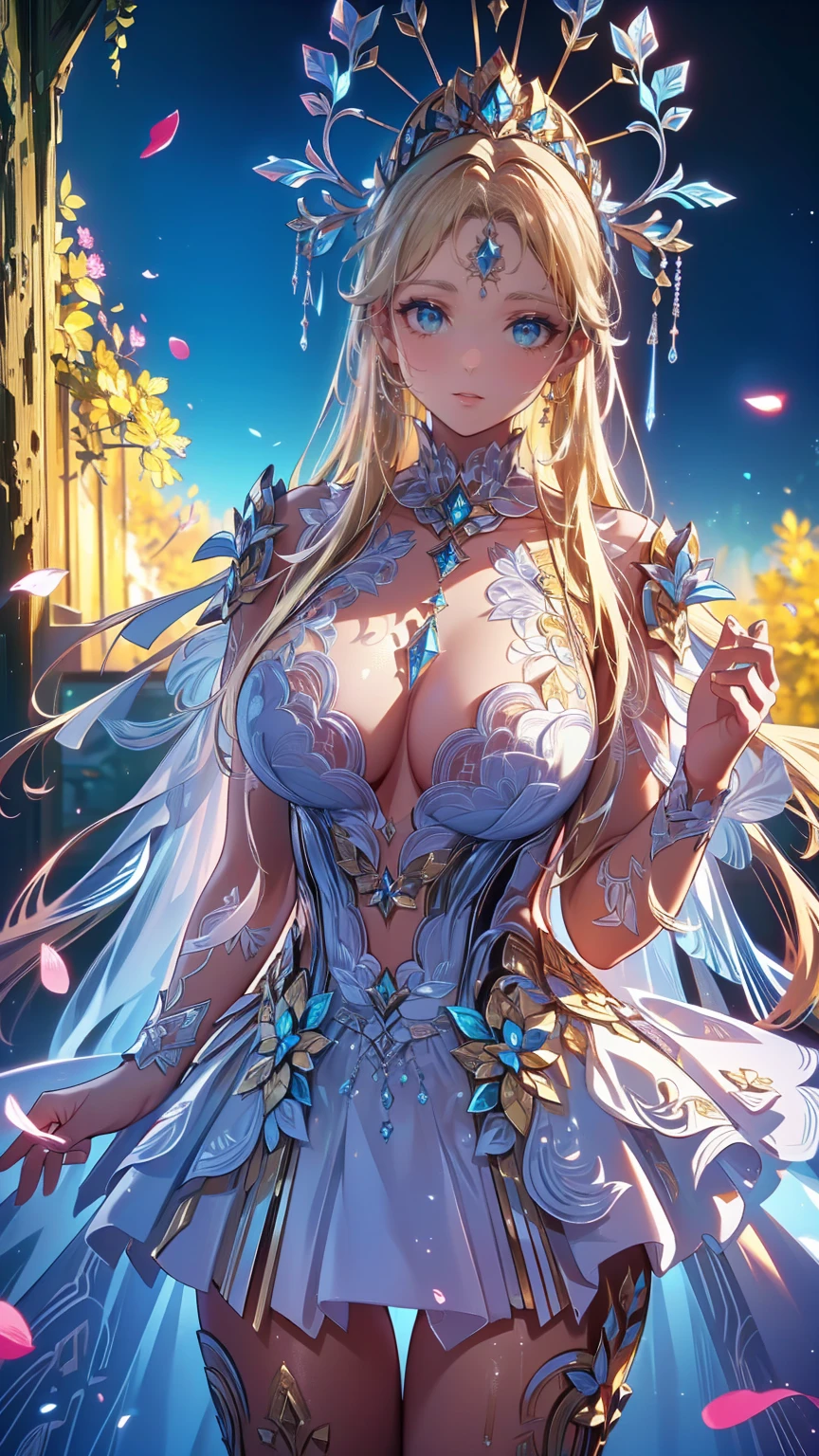 Please follow the all prompts below exactly and faithfully, This is a breathtaking masterpiece of digital illustration, with maximum resolution, UHD, 512K, 2160p, 10 million ppi, 300 million dpi, natural color tones, ultra sharp details, perfect outlines with contrast, ((smooth, soft and clearly and most realistic skin and hair texture)), most beautiful detailed eye features, perfect anatomically correct human body, beautiful background with depth, rule of thirds, depth of field, Maximize all element is used to its full potential to create the best digital illustrations, 1woman, Demon Lord, sexy, 25years old, beautiful face sharp, elegant woman, Ultimate perfect body style, beautiful beautiful big breasts, Maximize upturned breasts, green eyes, shiny blonde hair, short hair, bob cut, (eyes visible through hair:1.3), glossy very thick lips, pink lipstick, smile:1.5, Angel costume with elaborate decorations, vibrant colors, and a skirt. The costume features delicate silver embroidery, sparkling diamonds, flowing chiffon fabric, ornate shoulder wings, a high neckline, long flowing sleeves, a jeweled waistband, a radiant halo, intricate lace patterns, a tiara adorned with sapphires, and a luxurious satin texture.