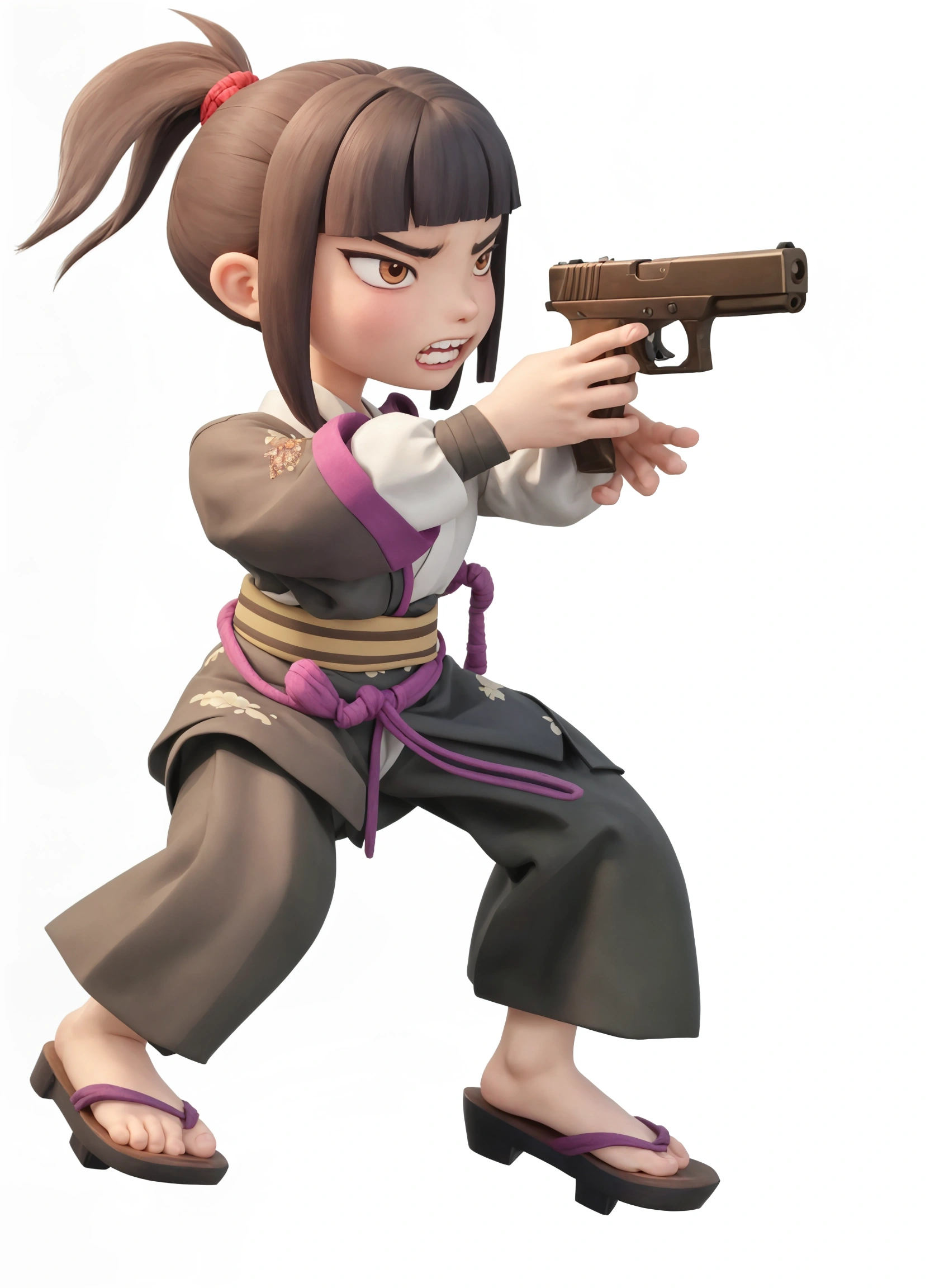  a Japanese-like girl shooting with a handgun，(Fierce expression:0.8),（Frowning:0.5），( sharp and ferocious :0.8)，Slender and raised eye shape，Gnashing teeth fiercely，I can see teeth ，Wearing a ponytail，Real hair texture ，Ponytail fluttering in the air，Holding a pistol in both hands，Raising her hand to shoot，Wearing Japanese kimono，A belt is tied around the waist，Black wide-leg pants，Half-squatting posture，（Both feet in a horse stance：0.6），Wearing wooden clogs，UE5 Rendering， Cartoon Characters，Thick coating style，3D Model，8K texture，UHD texture，More costume details 