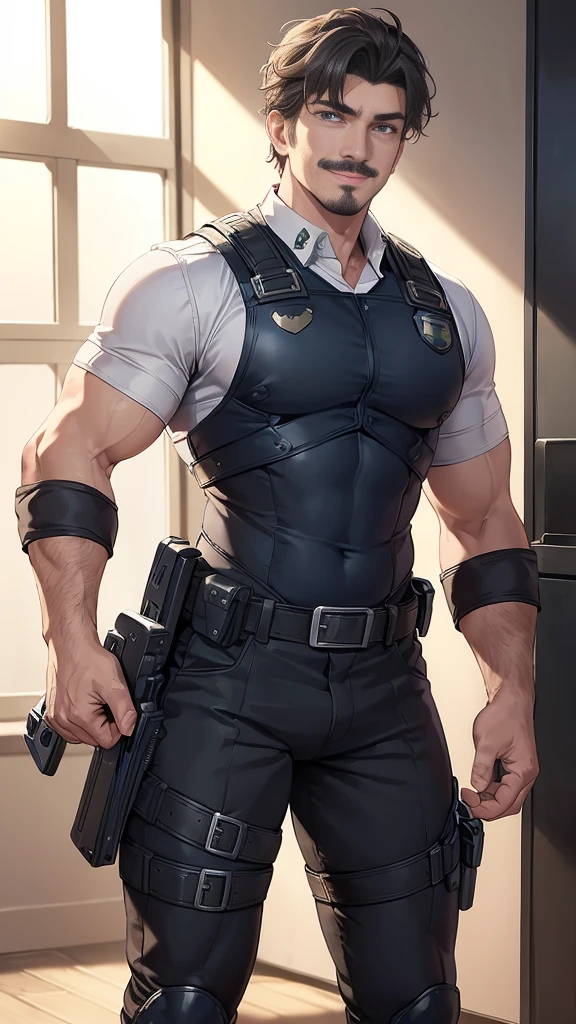 photography, best quality, high resolution, male focus, a cop workin with a police uniform, police holster belt,  police holster left thigh, bulletproof vest, slim waist, nice thighs,  him have a muscular chest wearing tight cop shirt, day light, wide shoulders, slim commom shape, very virile, 47yo cop, solo, wavy medium messy hair style, mustache, atractive smile, roman wide nose, cozy uniform, front view, HDR, ultra quality, imponent pose, highly detailed face