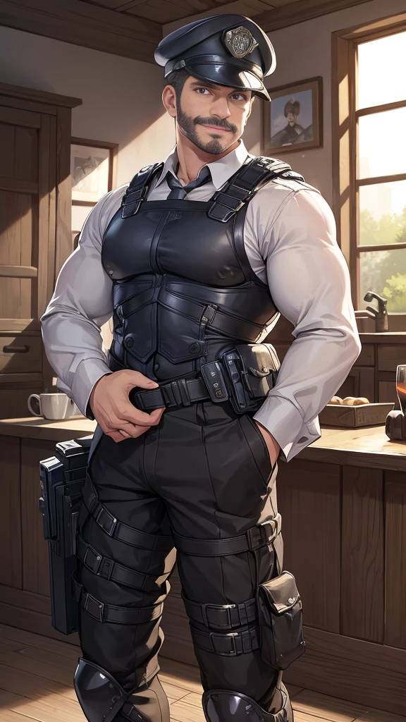 photography, best quality, high resolution, male focus, a cop workin with a police uniform, police holster belt,  police holster left thigh, bulletproof vest, slim waist, nice thighs,  him have a muscular chest wearing tight cop shirt, day light, wide shoulders, slim commom shape, very virile, 47yo cop, solo, wavy medium messy hair style, mustache, atractive smile, roman wide nose, cozy uniform, front view, HDR, ultra quality, imponent pose, highly detailed face