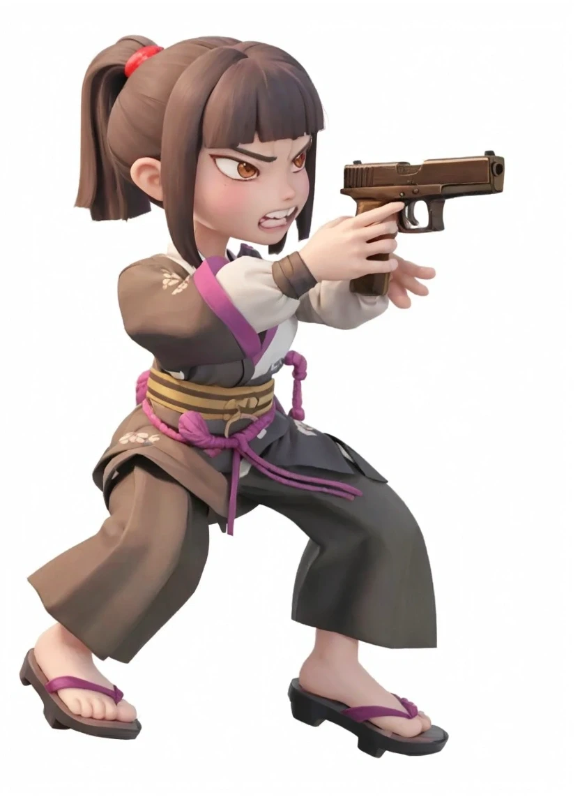  a Japanese-like girl shooting with a handgun，(Fierce expression:0.8),（Frowning:0.5），( sharp and ferocious :0.8)，Slender and raised eye shape，Gnashing teeth fiercely，I can see teeth ，Wearing a ponytail，Real hair texture ，Ponytail fluttering in the air，Holding a pistol in both hands，Raising her hand to shoot，Wearing Japanese kimono，A belt is tied around the waist，Black wide-leg pants，Half-squatting posture，（Both feet in a horse stance：0.6），Wearing wooden clogs，UE5 Rendering， Cartoon Characters，Thick coating style，3D Model，8K texture，UHD texture，More costume details 