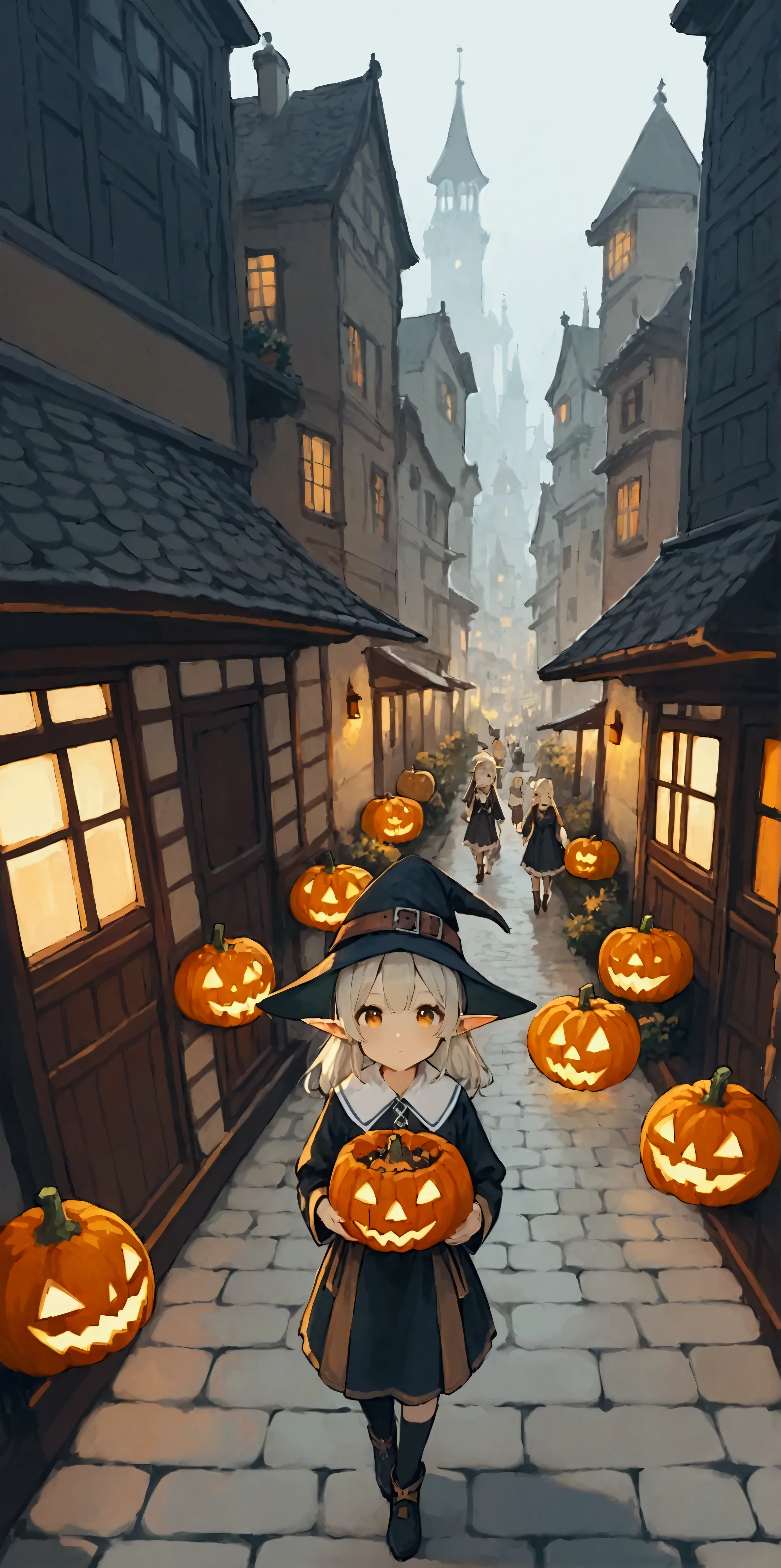 Jack-o-lantern,elaborate city.In city live 6+girls\(cute, very small, dwarf, elf ears, witch clothes\).from above.score_9, score_8_up, score_7_up, score_6_up, score_5_up, score_4_up, source_anime,source_furry,rating_safe,rating_questionable,masterpiece, best quality, perfect anatomy , very aesthetic , absurdres,limited pallet,(dynamic angle)